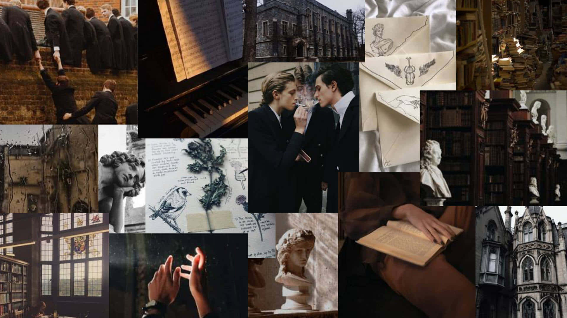 Dark Academic Collage, vintage academic scenes, students in gowns, Full HD Desktop Wallpaper