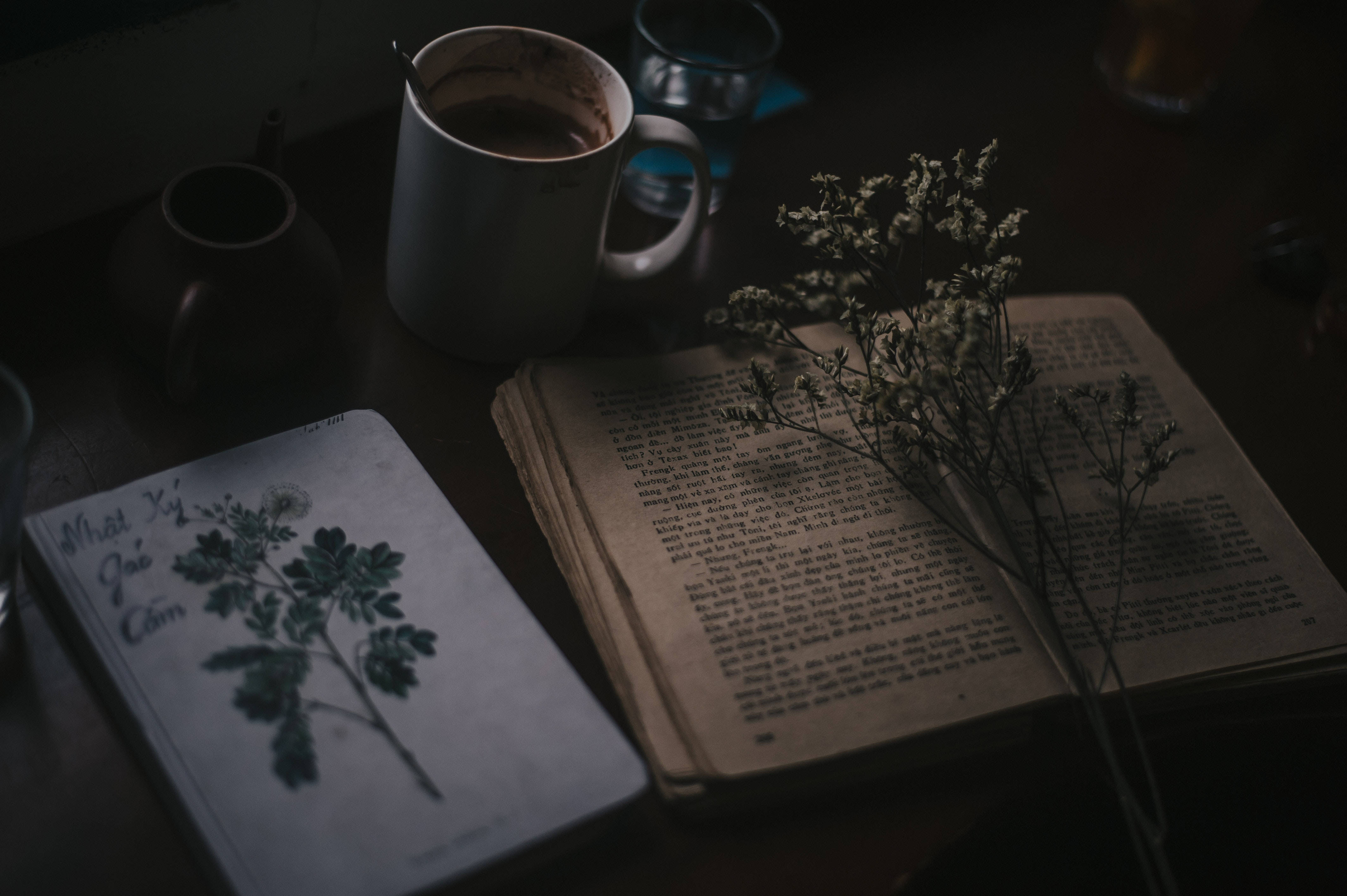 wooden table, open book, dried flowers, 4K Desktop Wallpaper