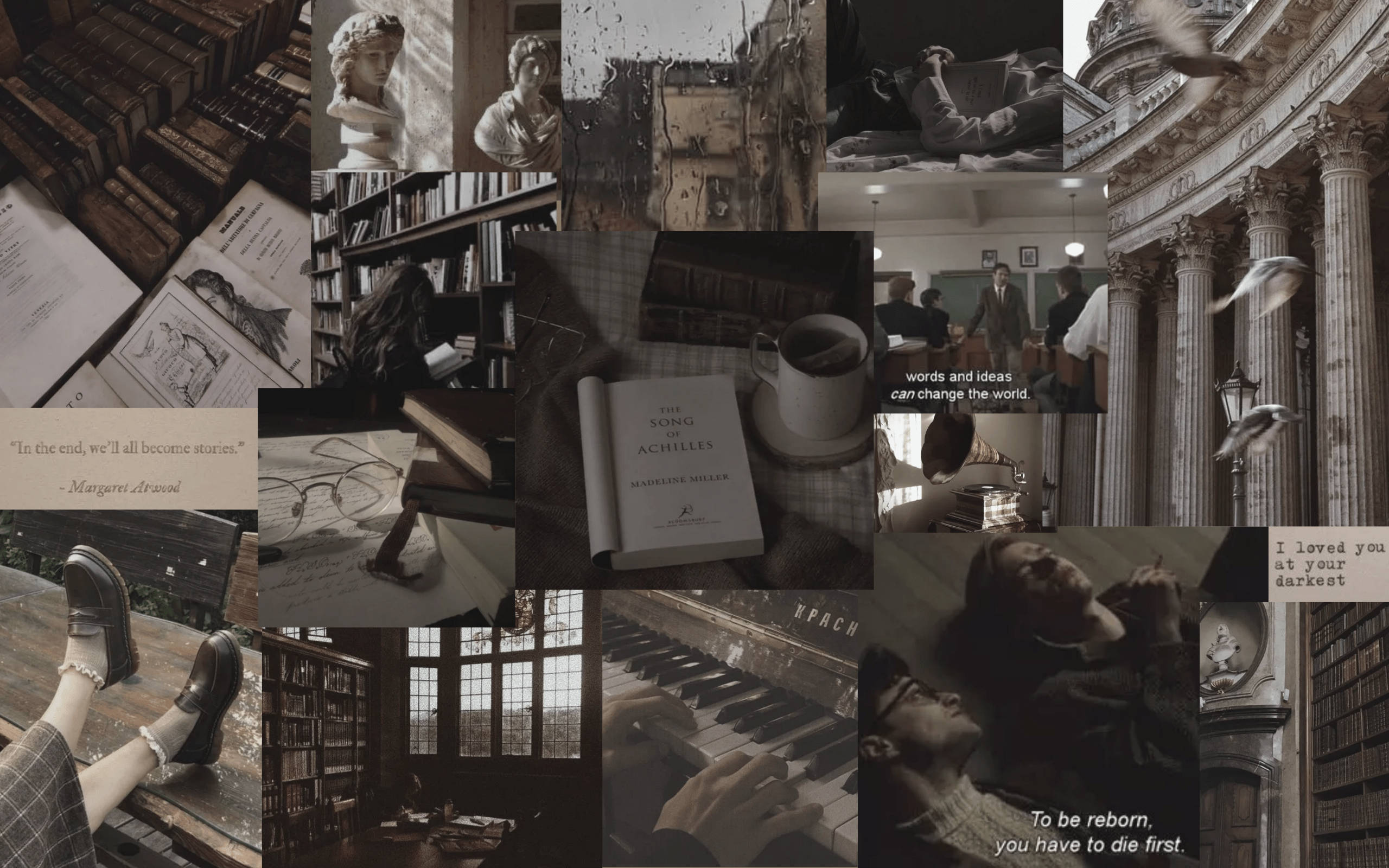 sepia-toned, collage, literary imagery, 2K Desktop Wallpaper