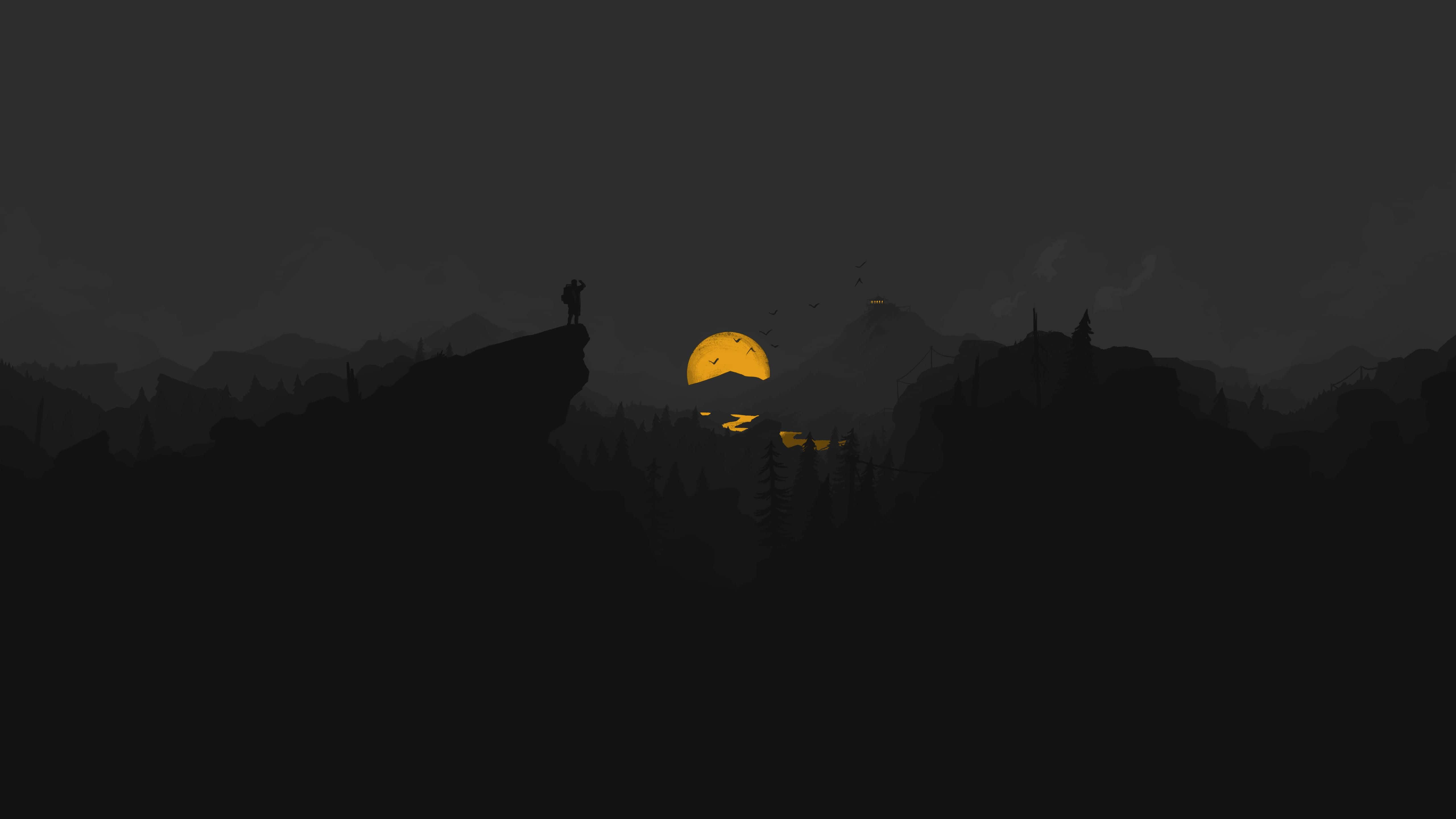 Dark Desktop, glowing orange sun, cliff, 5K Desktop Wallpaper