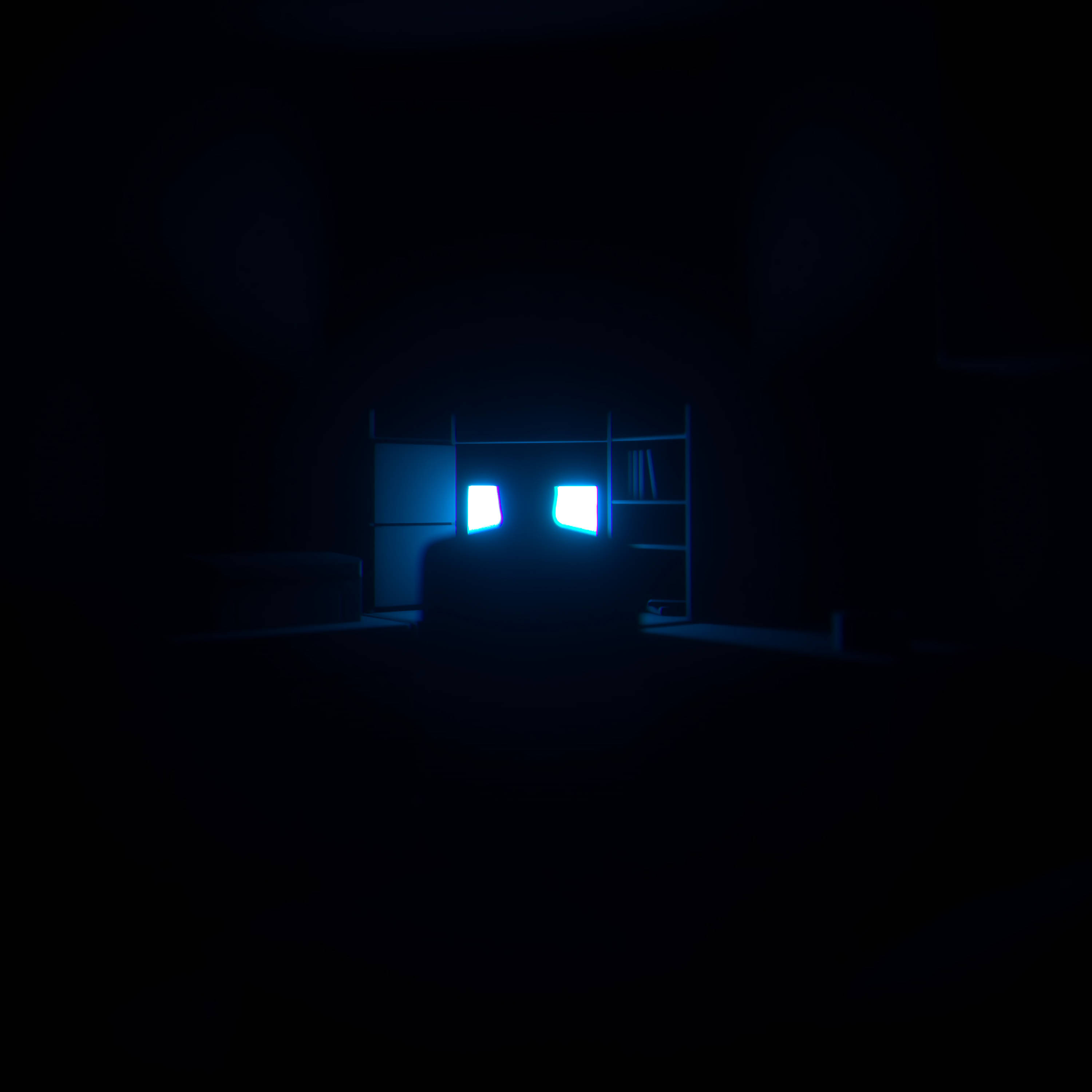 dark room, glowing blue screens, silhouette of a chair, 2K Desktop Wallpaper