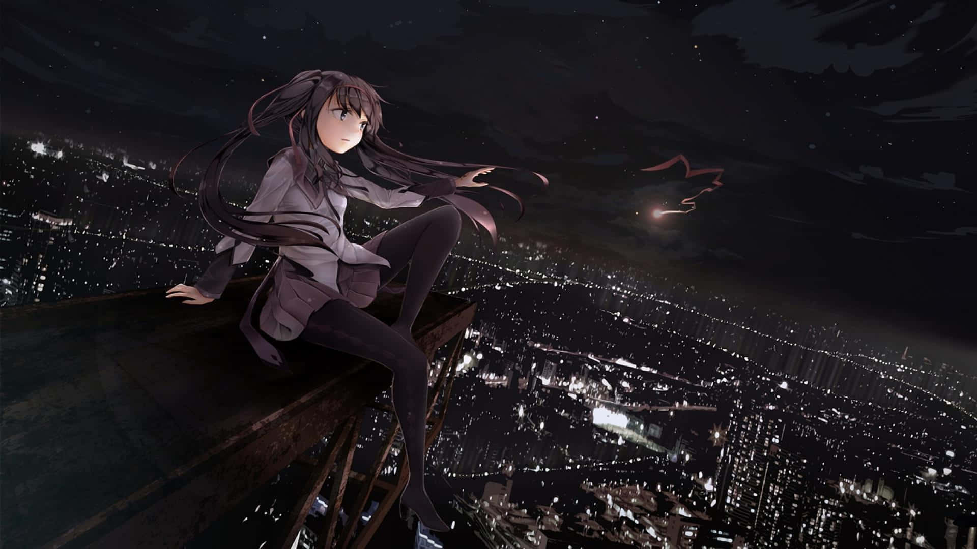 anime girl, long dark hair, rooftop, Full HD Desktop Wallpaper