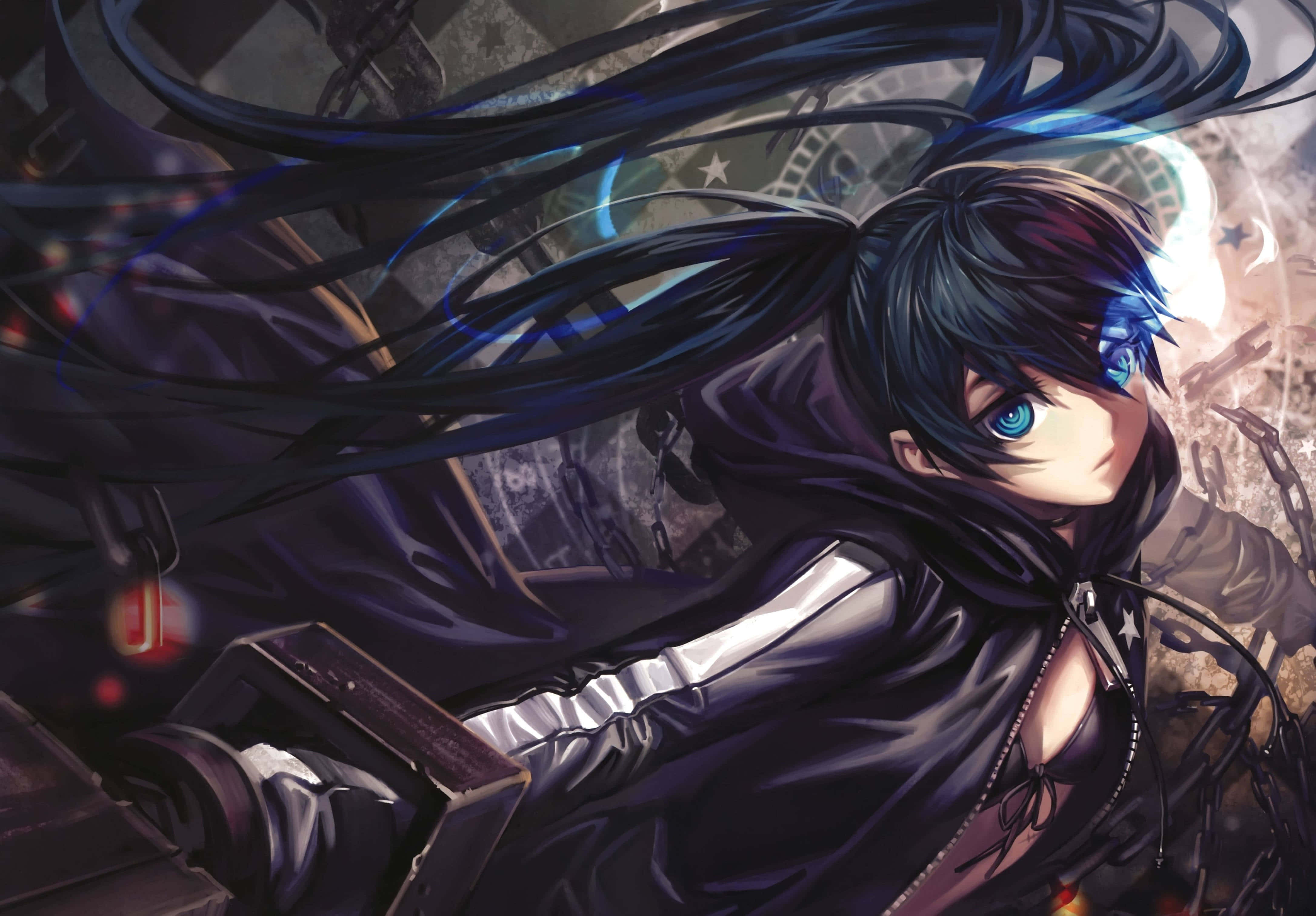 anime girl, glowing blue eyes, flowing dark hair, 4K Desktop Wallpaper