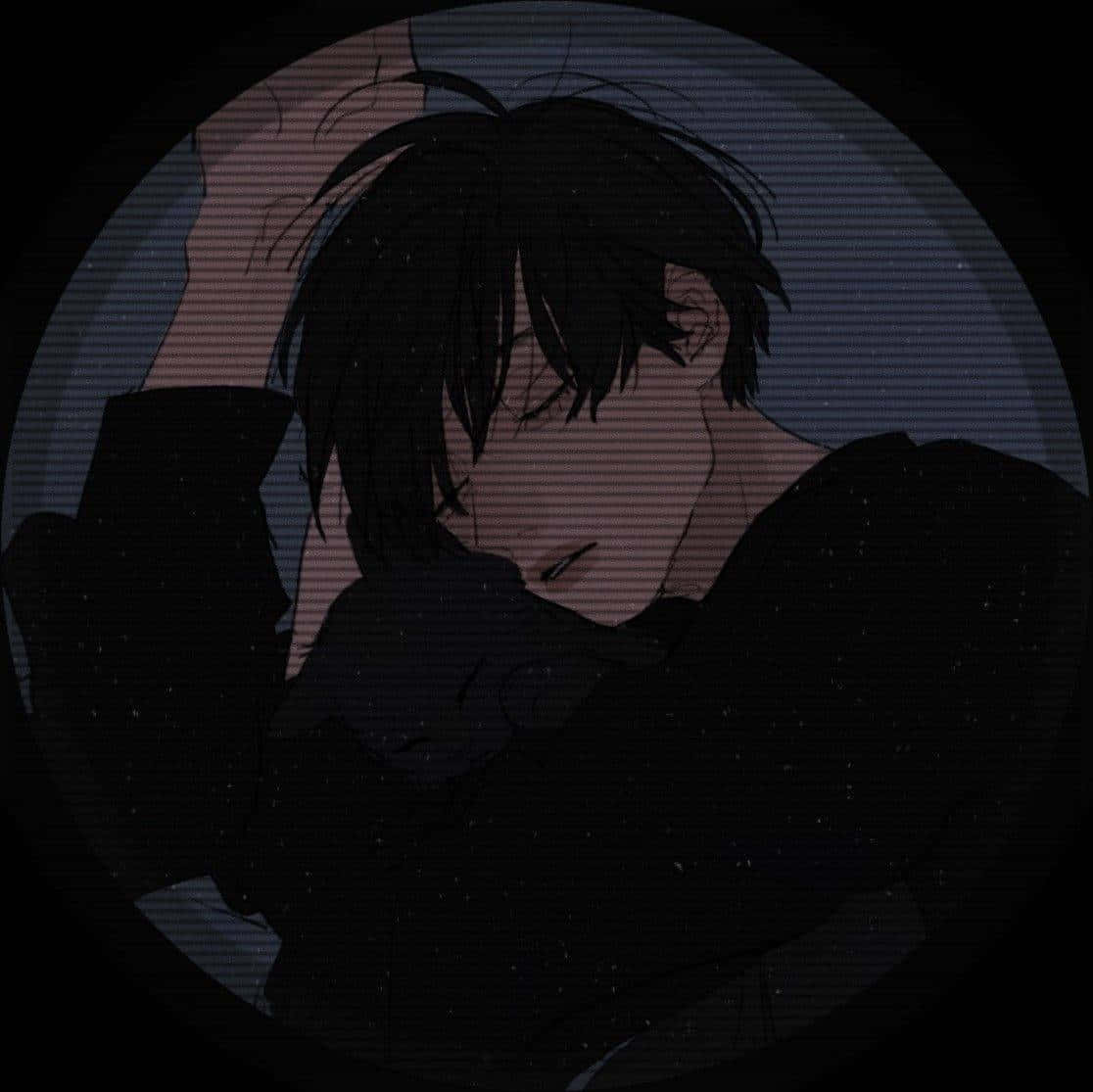 dark-haired anime character, circular scope, scan lines, SD Desktop Wallpaper