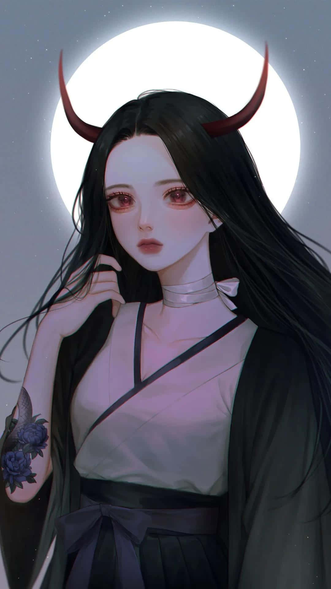 anime girl, red horns, rose tattoo, Full HD Phone Wallpaper