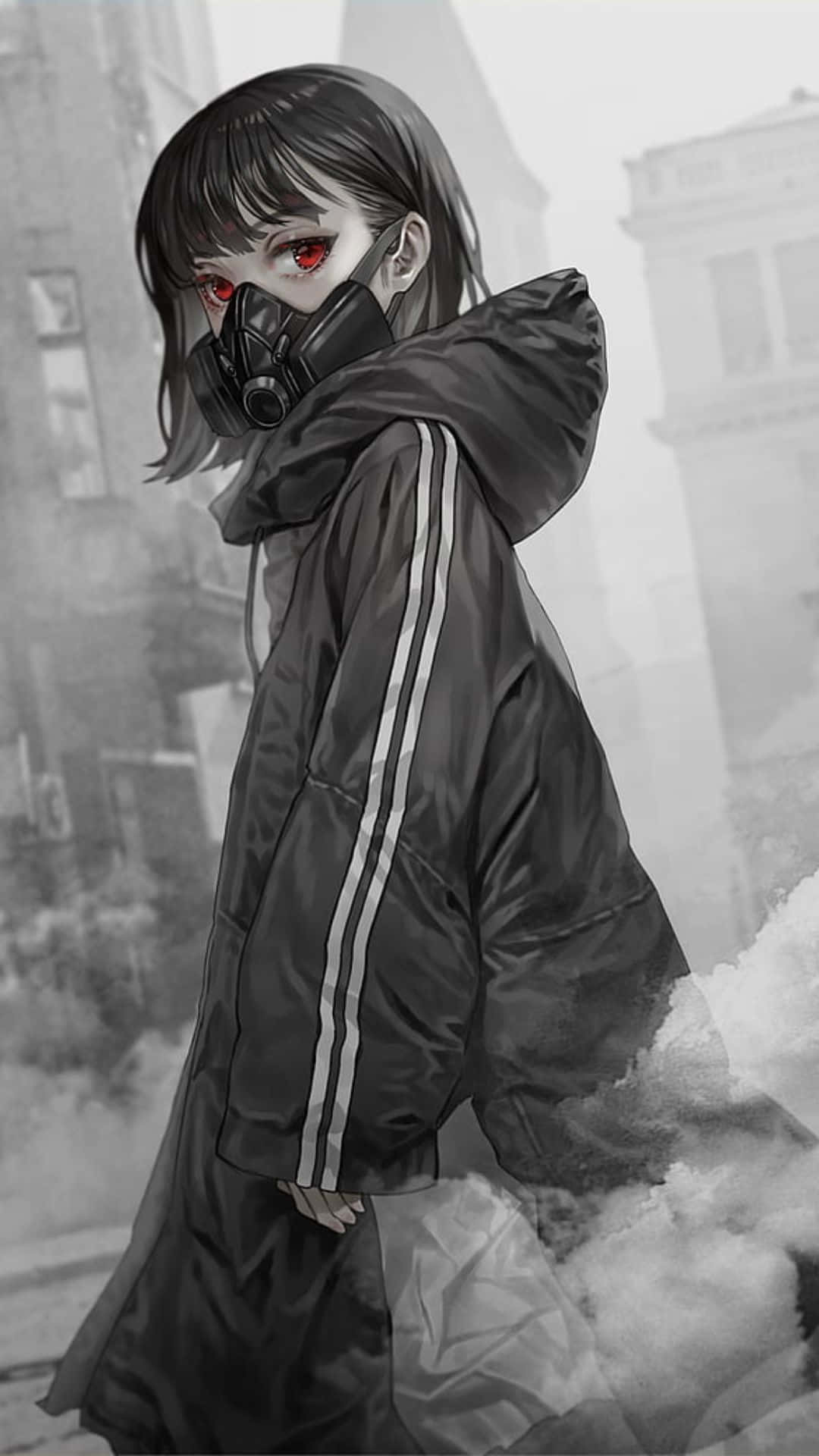 dark aesthetic anime, glowing red eyes, gas mask, Full HD Phone Wallpaper