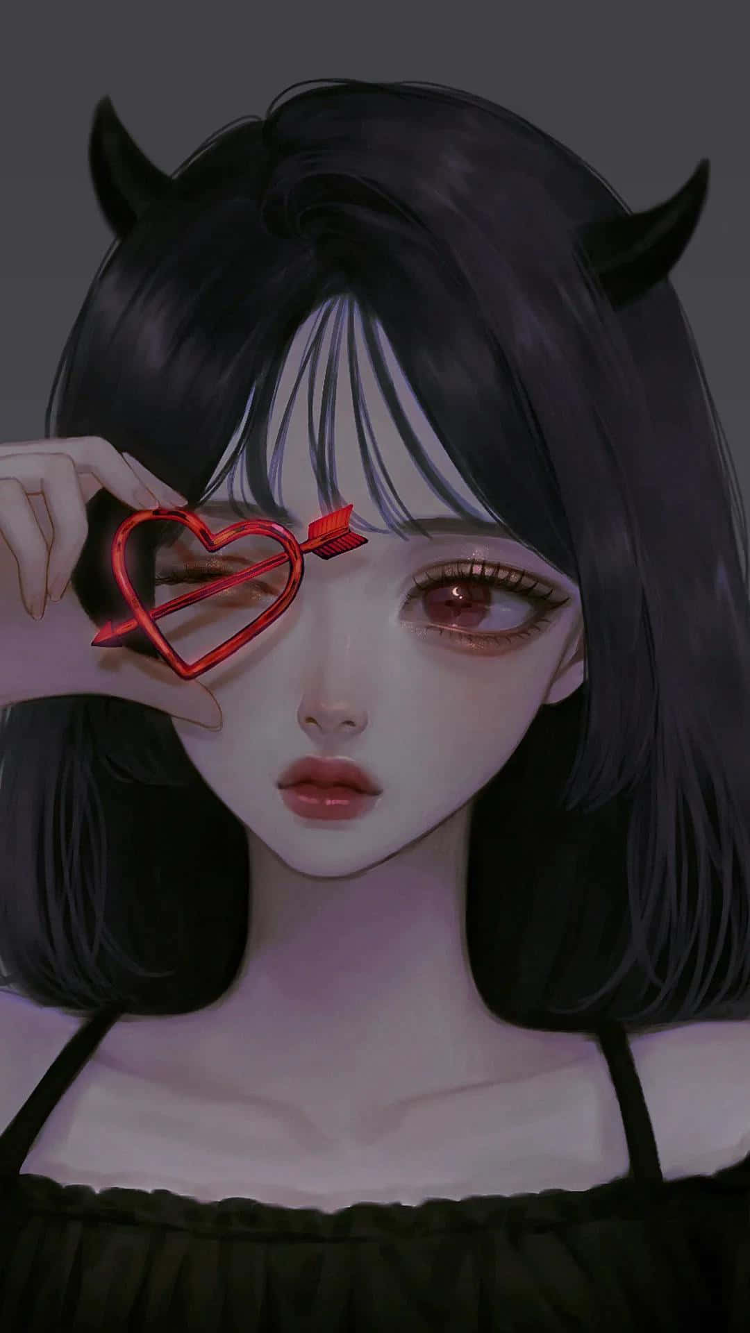 kawaii devil, dark aesthetic anime girl, red heart-shaped arrow, Full HD Phone Wallpaper