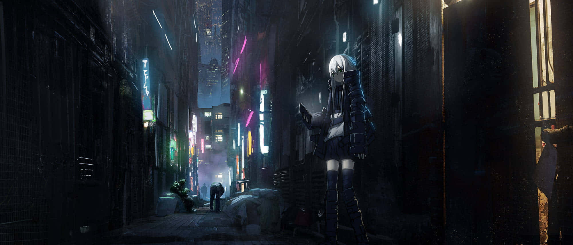 neon-lit cyberpunk alleyway, towering buildings, glowing signs, Full HD Desktop Wallpaper