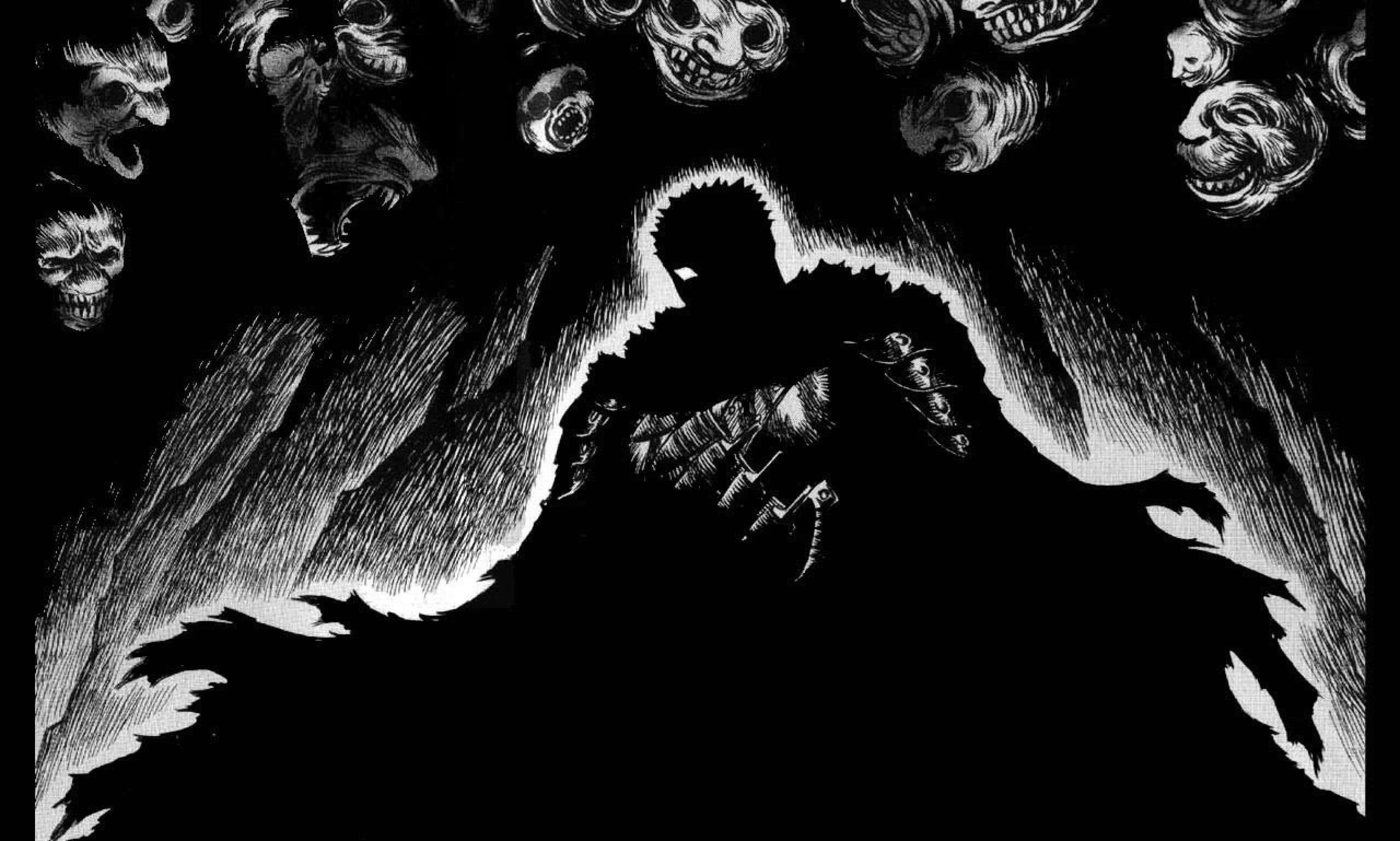 lone warrior, storm of grotesque skulls, stark black and white illustration, 2K Desktop Wallpaper