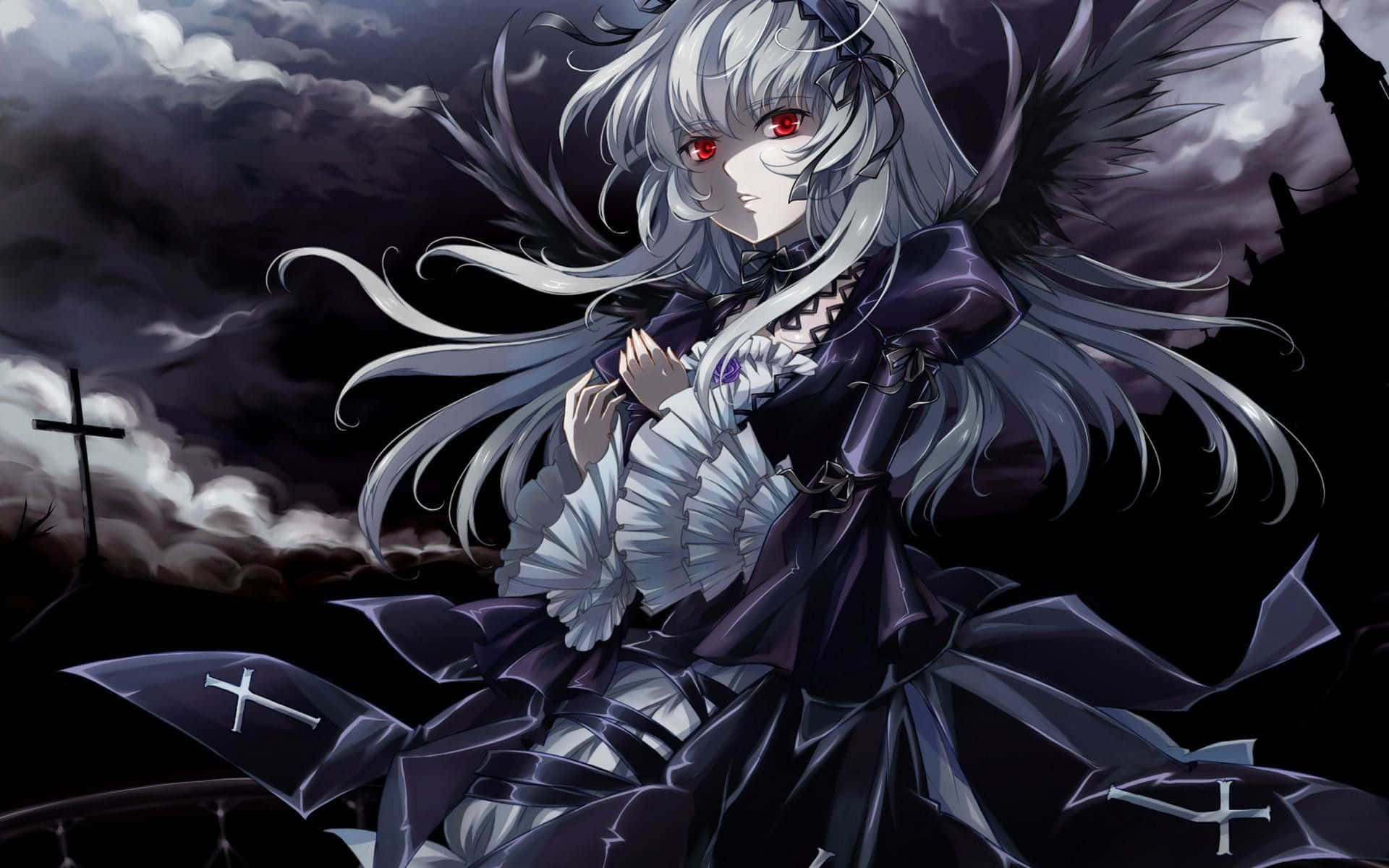 pale anime girl, silver hair, red eyes, Full HD Desktop Wallpaper