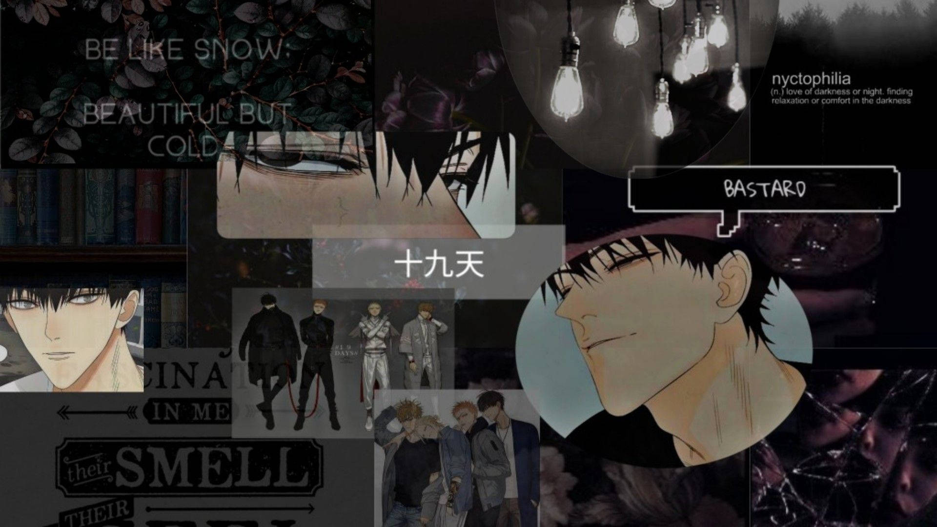 dark anime alt aesthetic, moody anime collage, character portraits, Full HD Desktop Wallpaper
