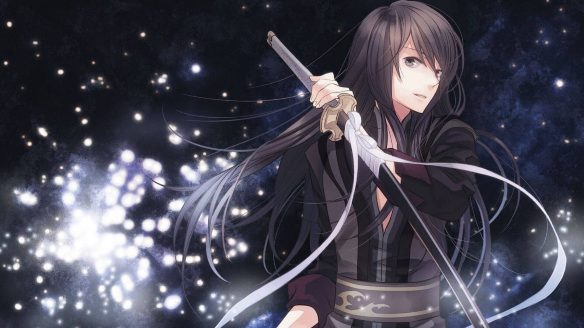 Dark Starry Anime Aesthetic, anime warrior, long dark hair, Full HD Desktop Wallpaper