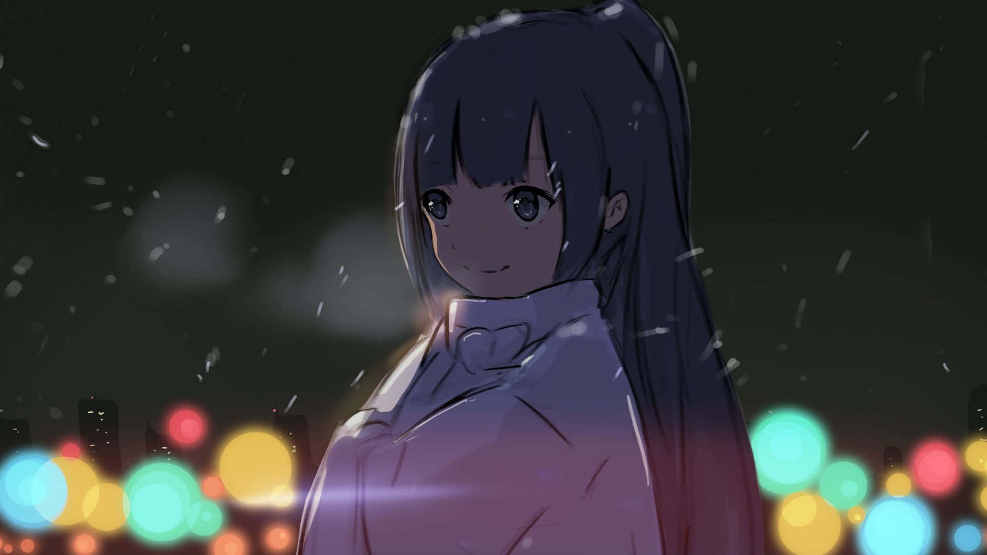 dark hair, falling snow, blurred cityscape, Full HD Desktop Wallpaper