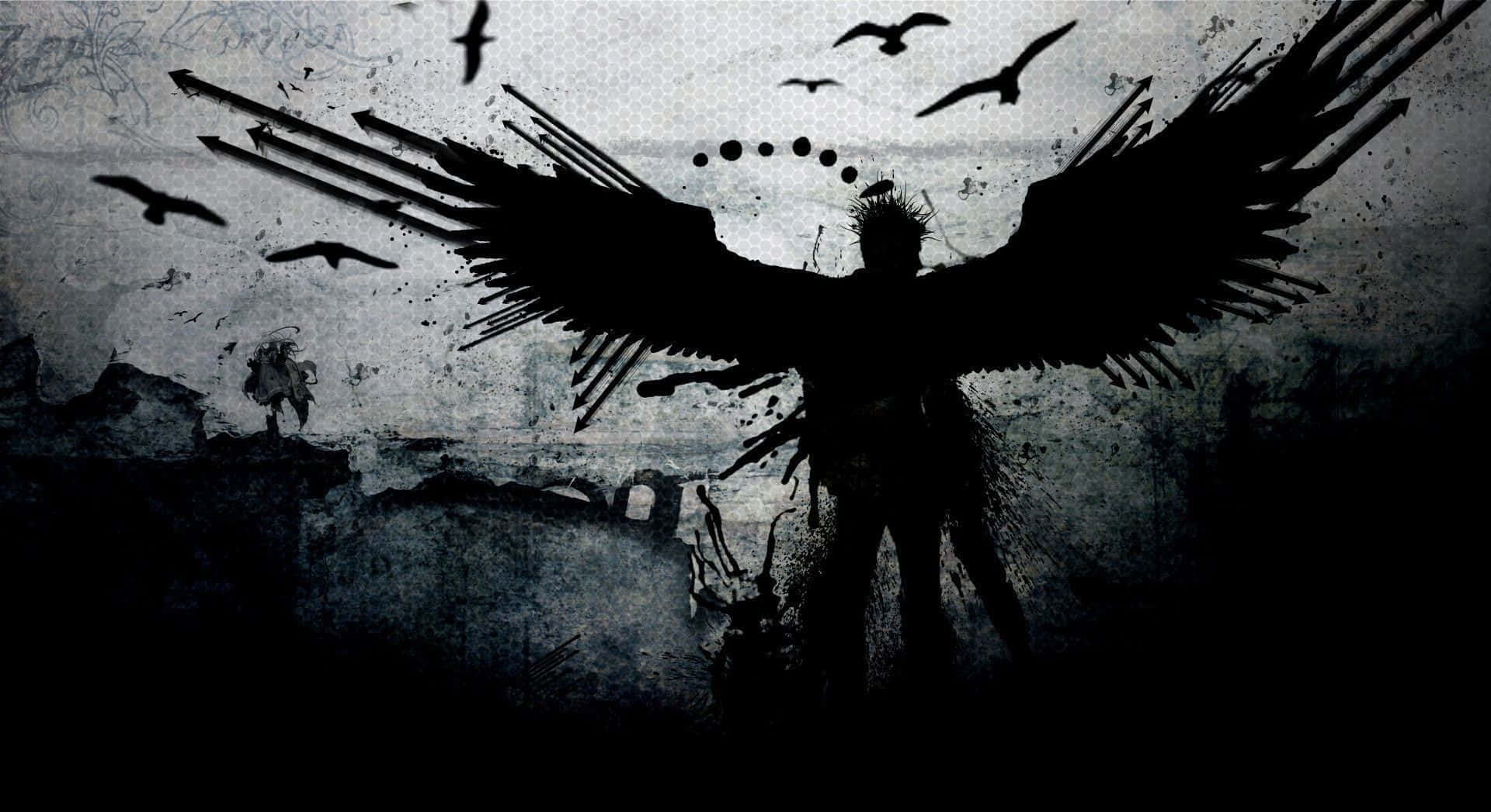 dark silhouette, winged figure, birds flying overhead, Full HD Desktop Wallpaper