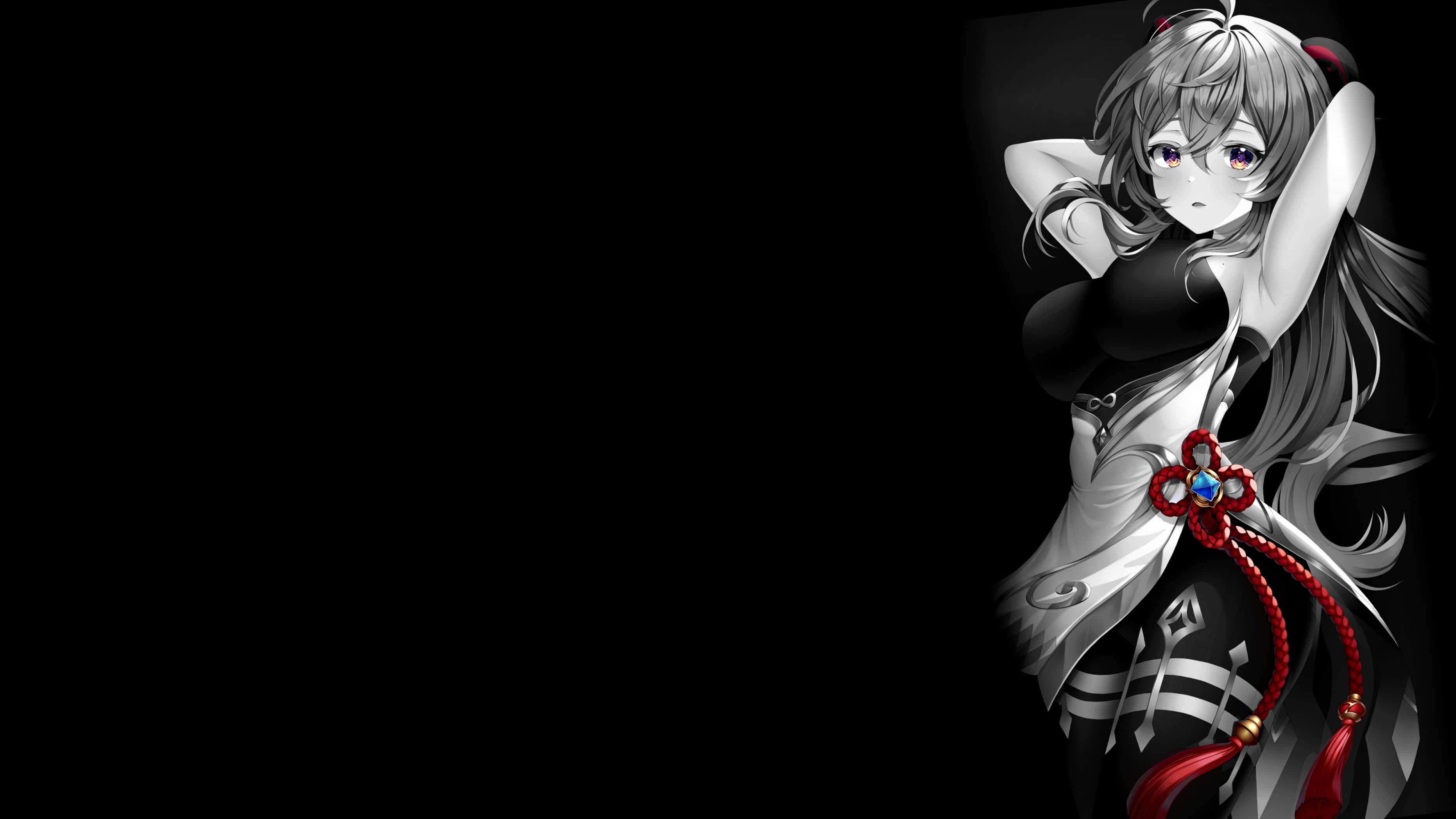 dark anime girl, silver hair, purple eyes, 2K Desktop Wallpaper