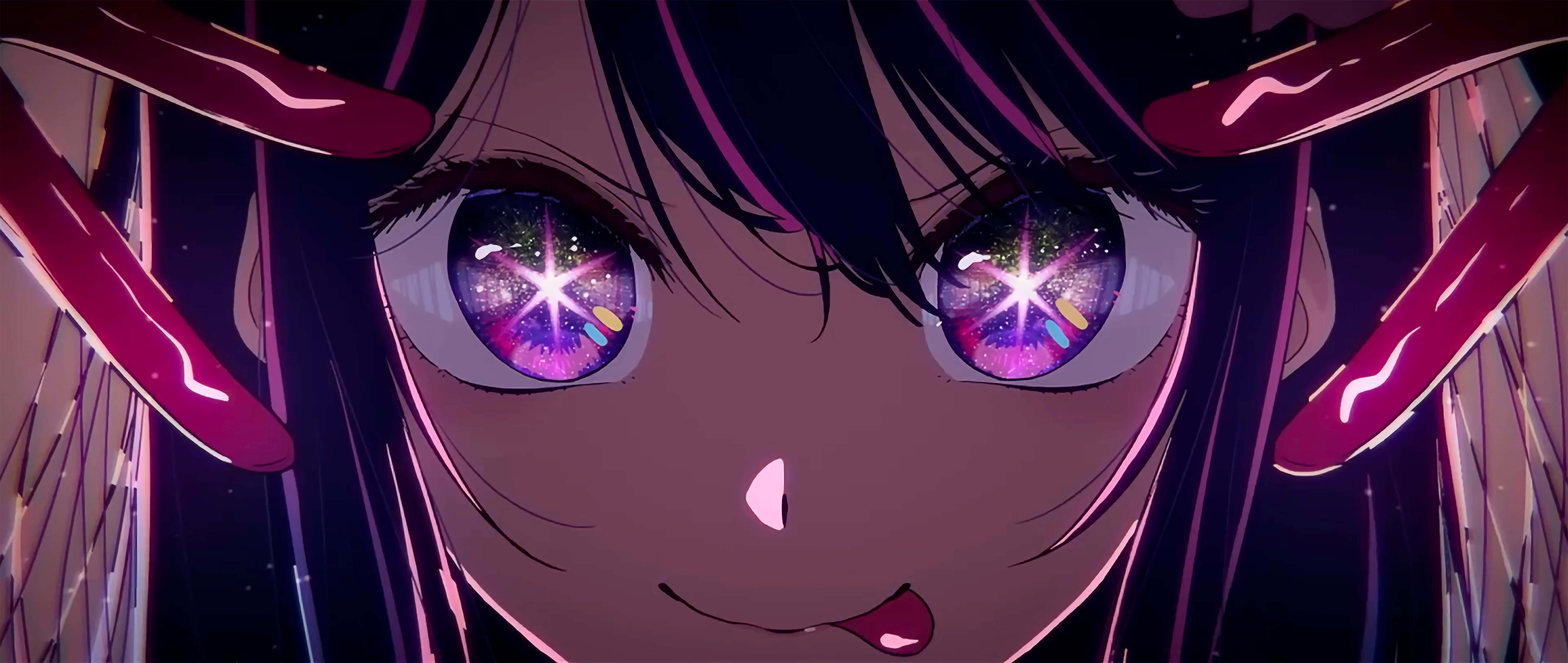 starry eyed anime character, glowing galaxy eyes, pink horns, 5K Desktop Wallpaper