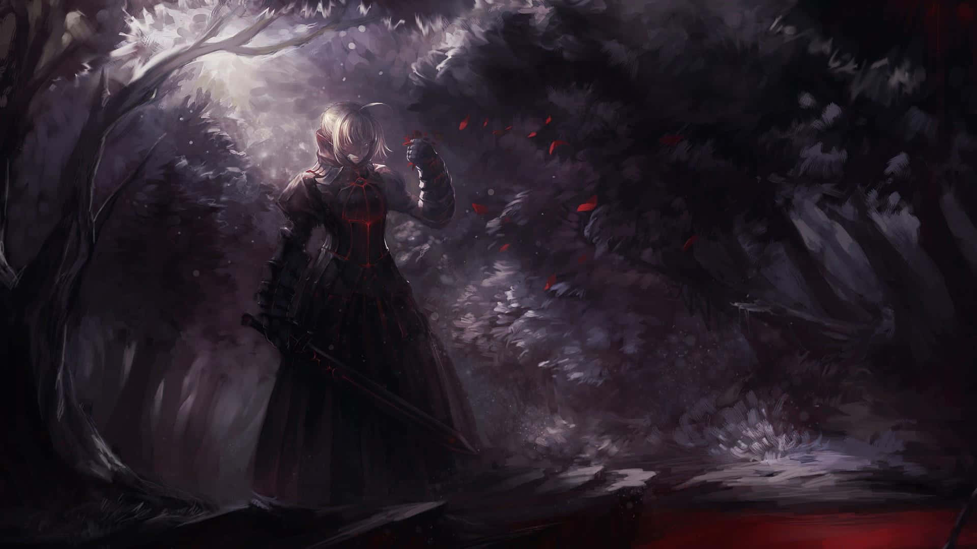 pale-haired warrior, dark dress, gloomy forest, Full HD Desktop Wallpaper