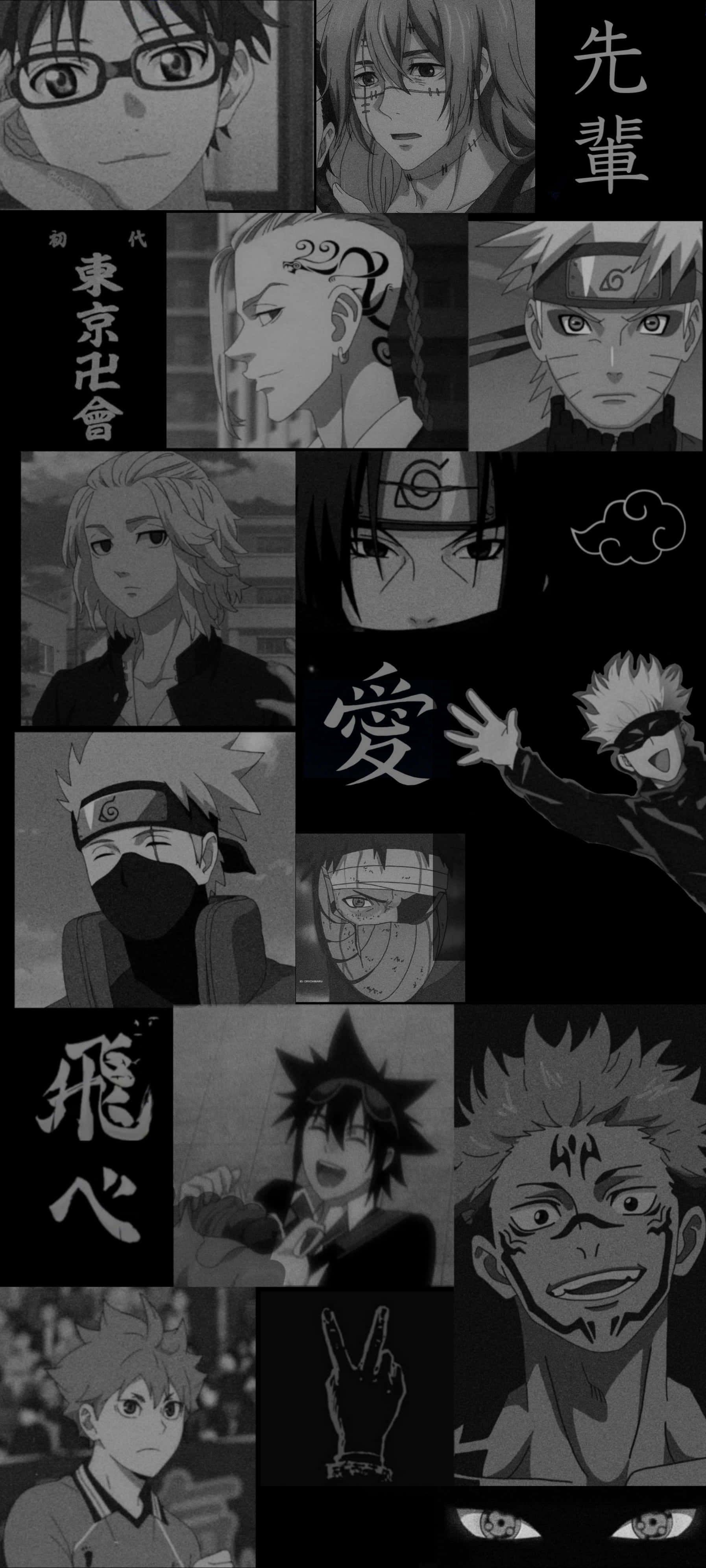 Dark Aesthetic Cartoon, anime characters, kanji text, 4K Phone Wallpaper