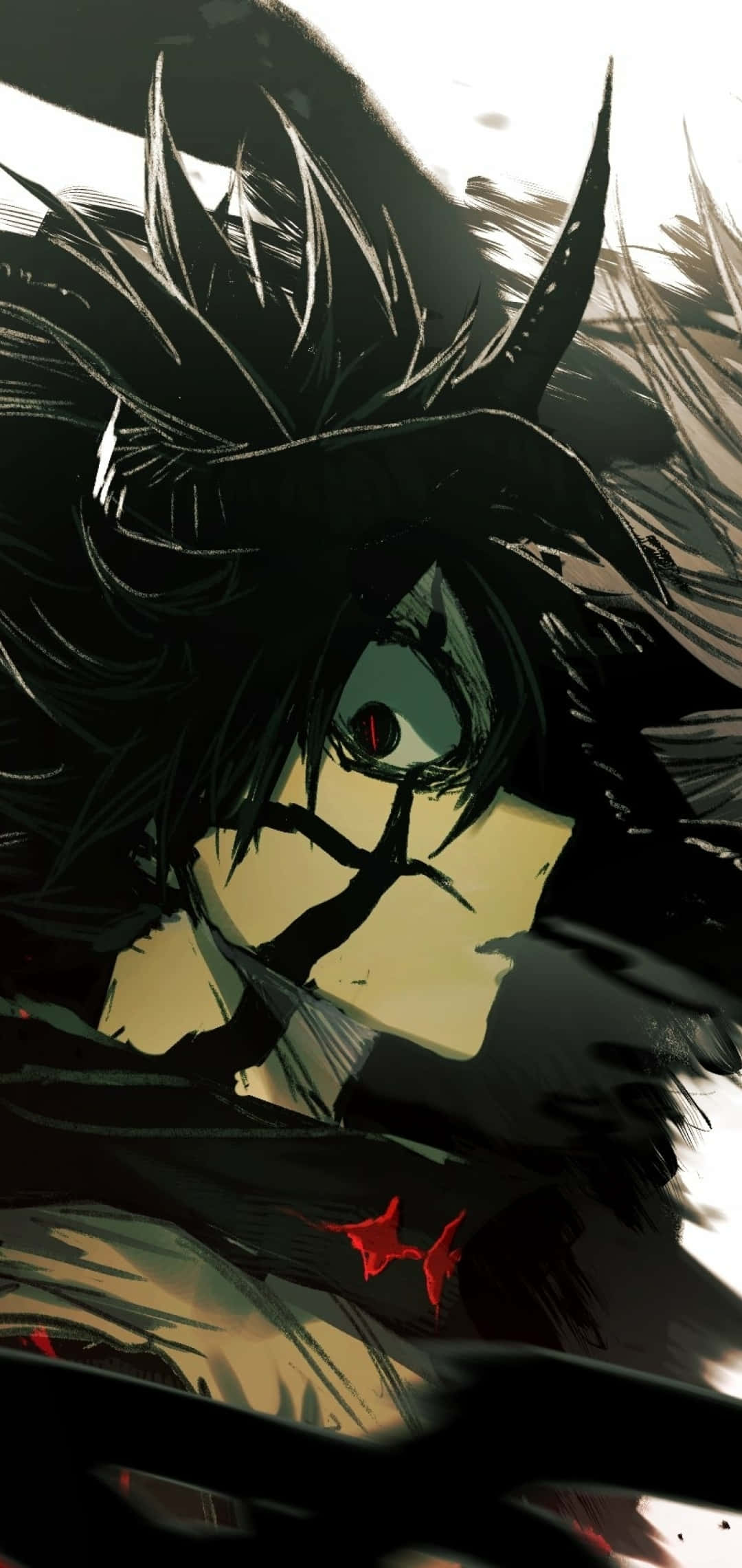 dark anime character art, red eye, red mark on chest, Full HD Phone Wallpaper