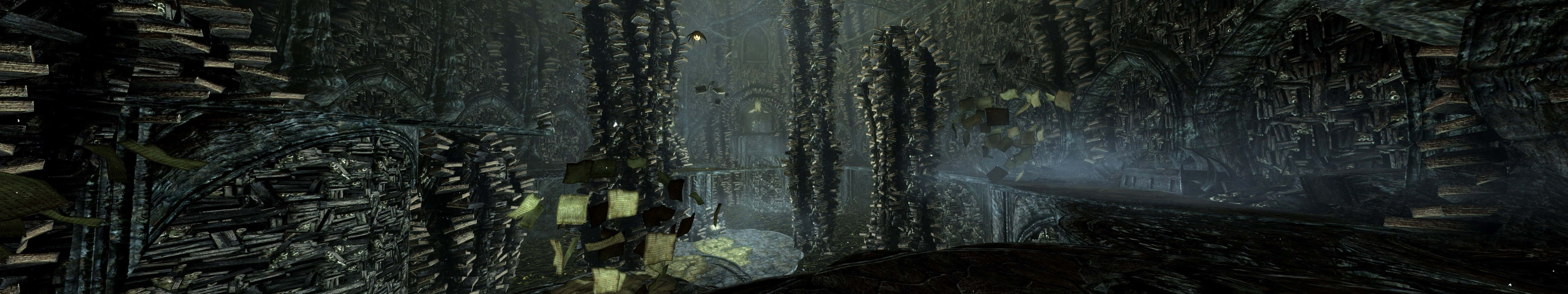 Triple Monitors, Dark Eerie Cavern, Twisted Metallic Structures, 5K Desktop Wallpaper
