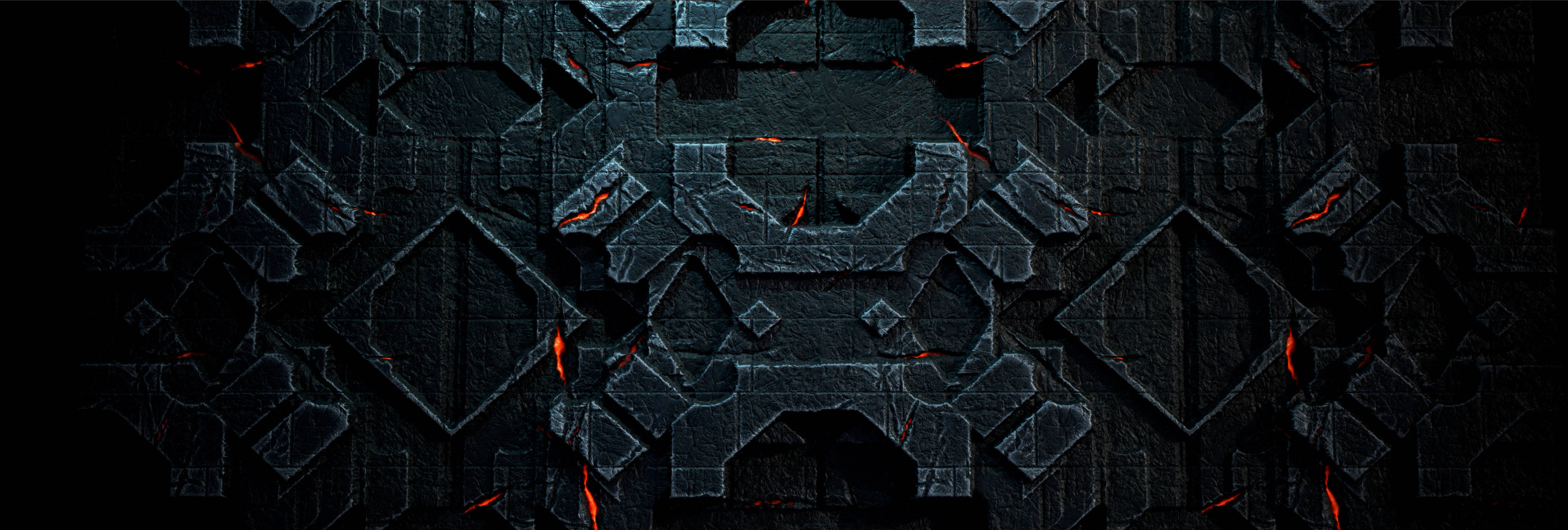 Dark geometric stone wall, glowing orange cracks, fiery light beneath, 2K Desktop Wallpaper