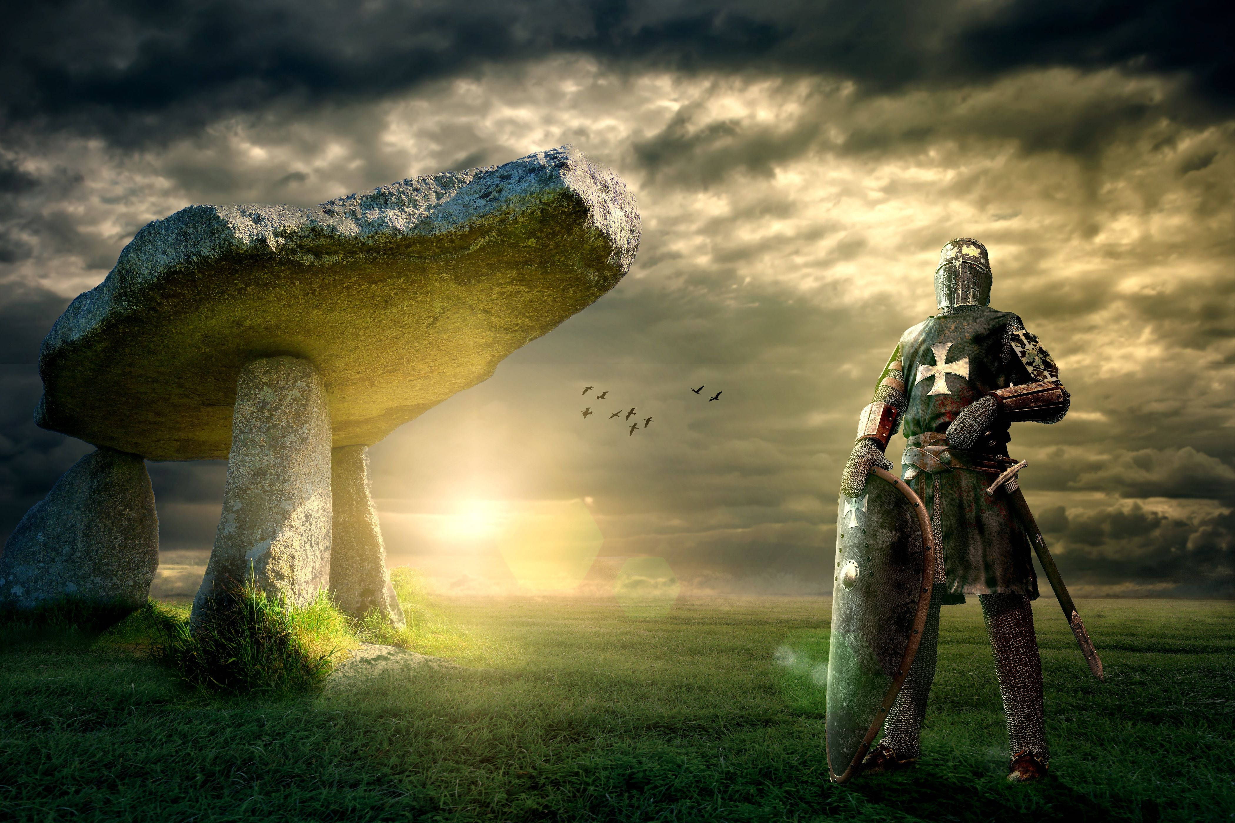 knight, full armor, stone dolmen, 4K Desktop Wallpaper