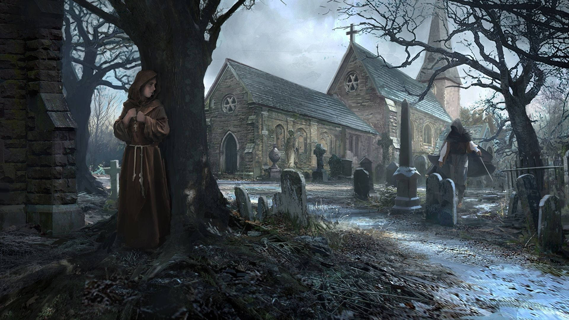 Dark Ages, chapel, cemetery, Full HD Desktop Wallpaper