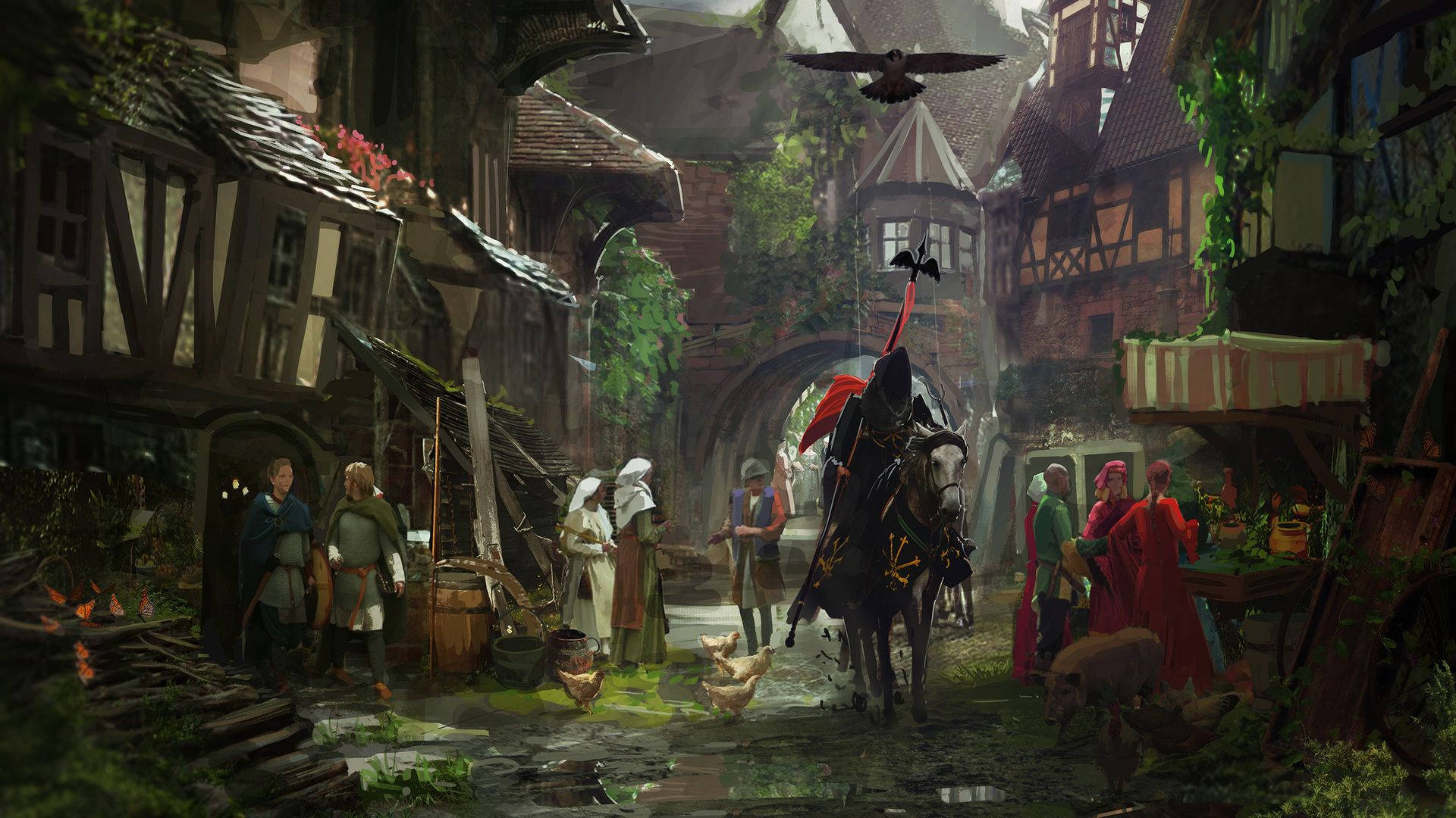 medieval town, villagers, knight on horseback, Full HD Desktop Wallpaper