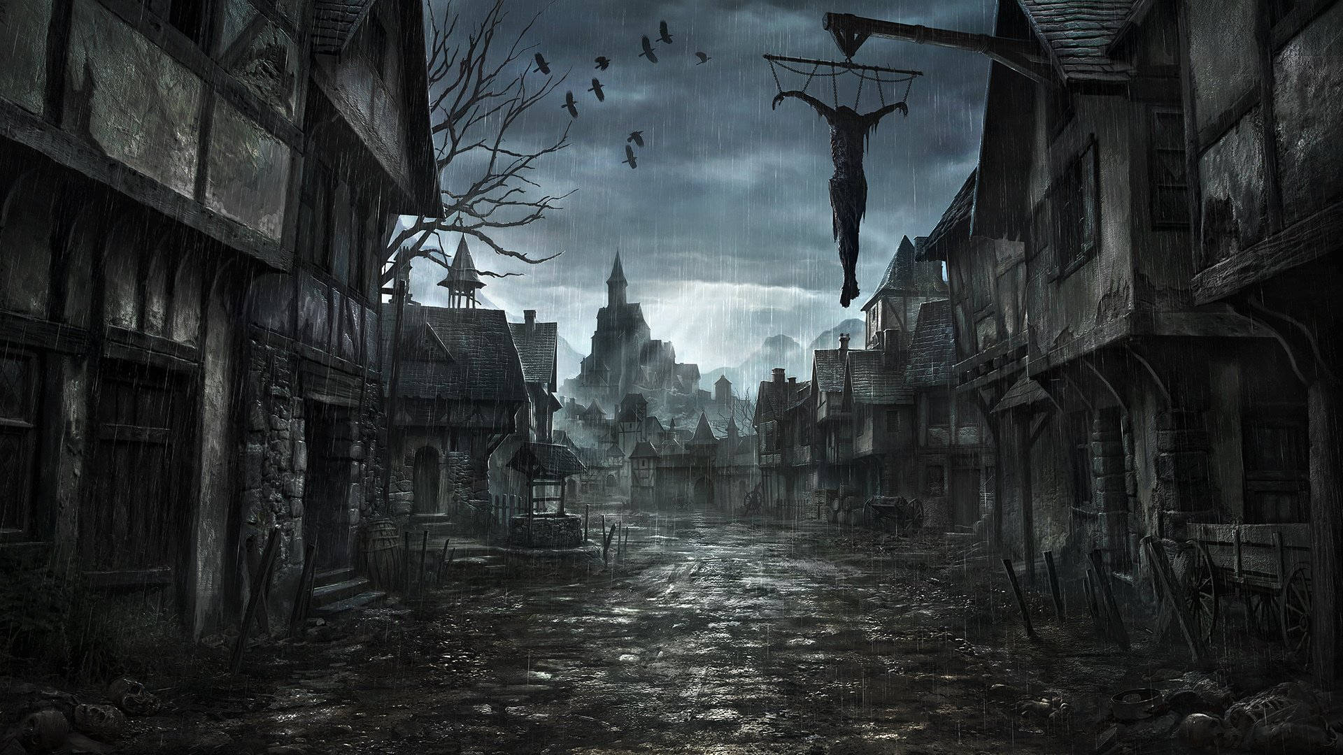 Dark Ages, haunted city, medieval street, Full HD Desktop Wallpaper
