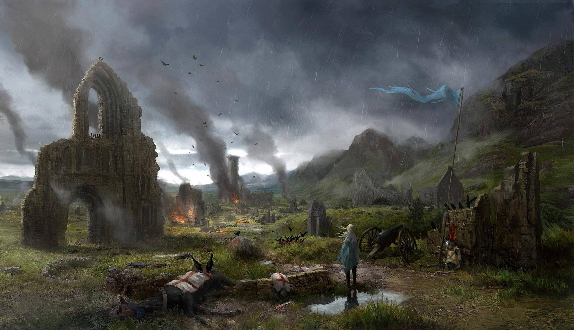 Dark Ages, rain-soaked battlefield, crumbling stone ruins, Full HD Desktop Wallpaper