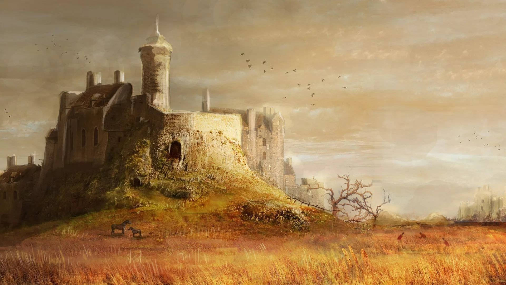 Dark Ages, medieval castle, grassy hill, Full HD Desktop Wallpaper