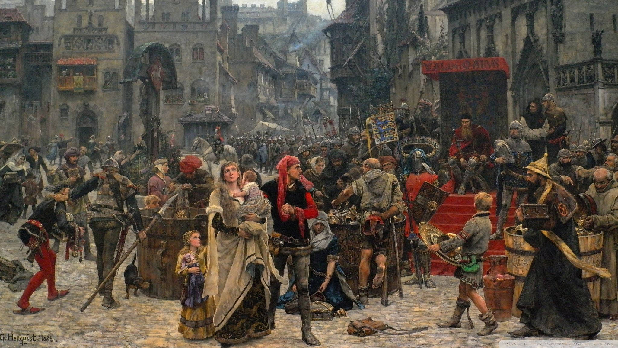 Dark Ages, medieval European town square, armored knights, Full HD Desktop Wallpaper