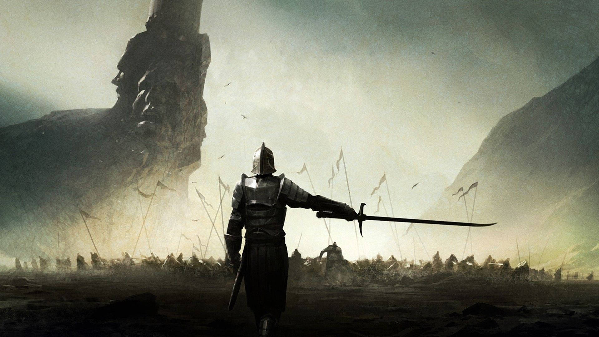 Dark Ages, lone armored knight, sword drawn, Full HD Desktop Wallpaper