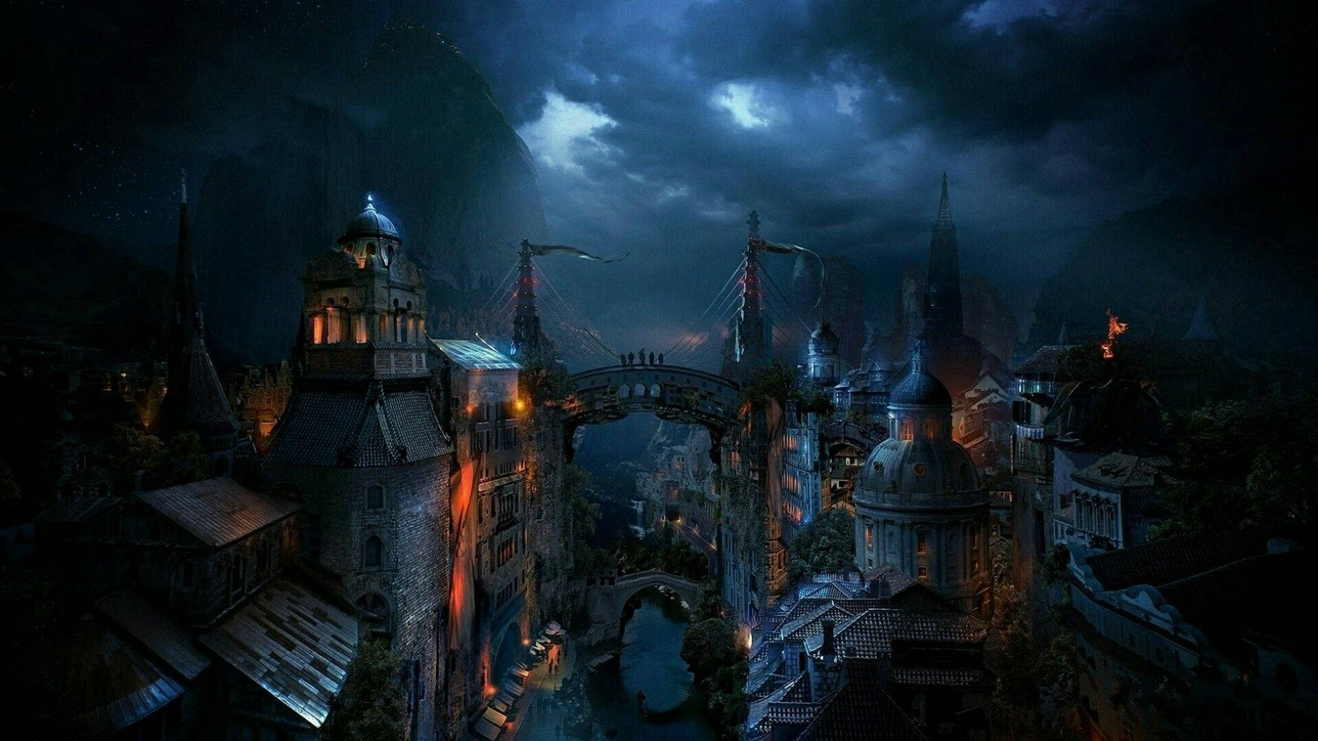 Dark Ages, mystical fantasy city, glowing windows, Full HD Desktop Wallpaper
