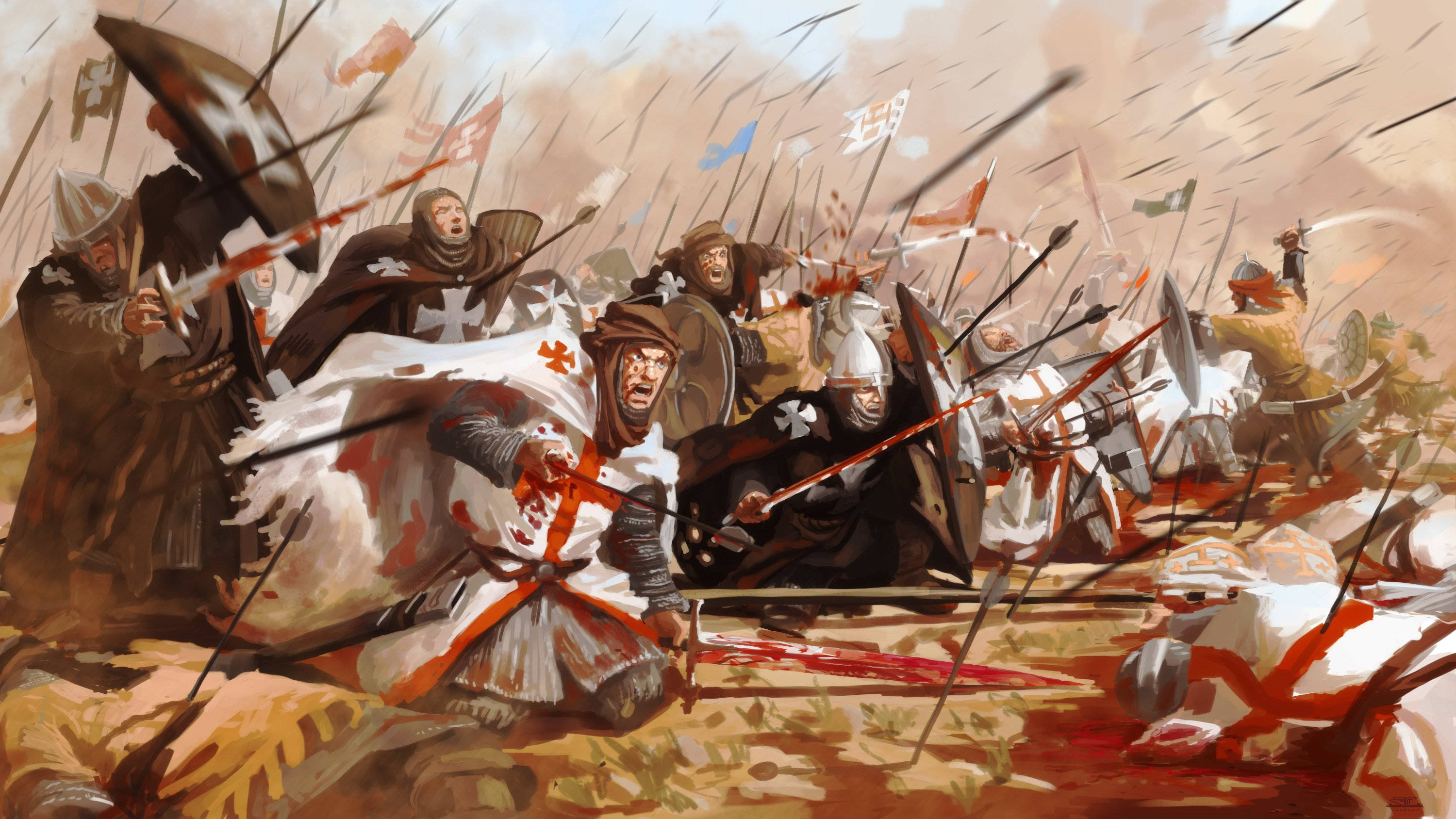 Dark Ages, Medieval knights, white and red cross armor, 2K Desktop Wallpaper