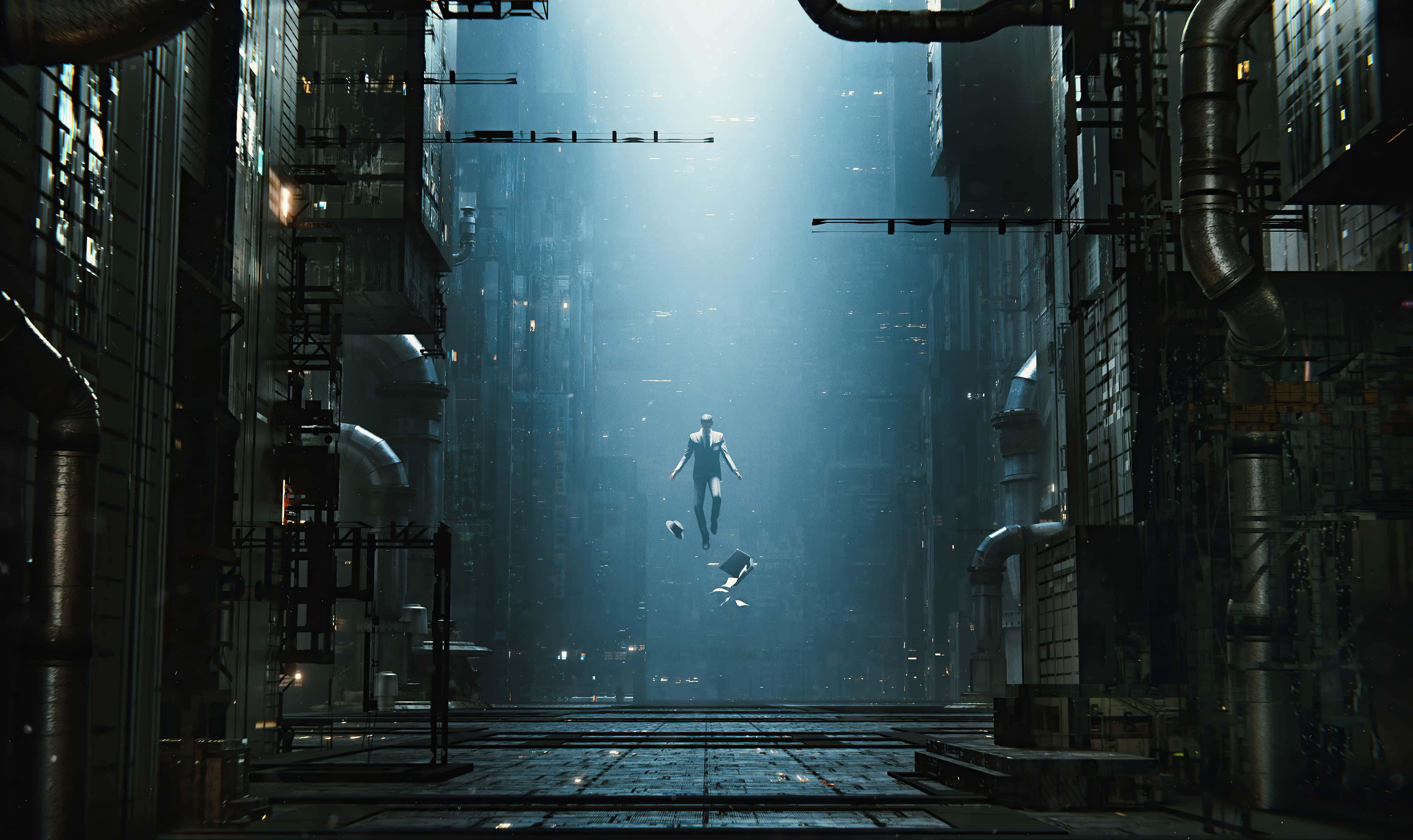 cyberpunk alleyway, cool blue light, lone figure, 5K Desktop Wallpaper
