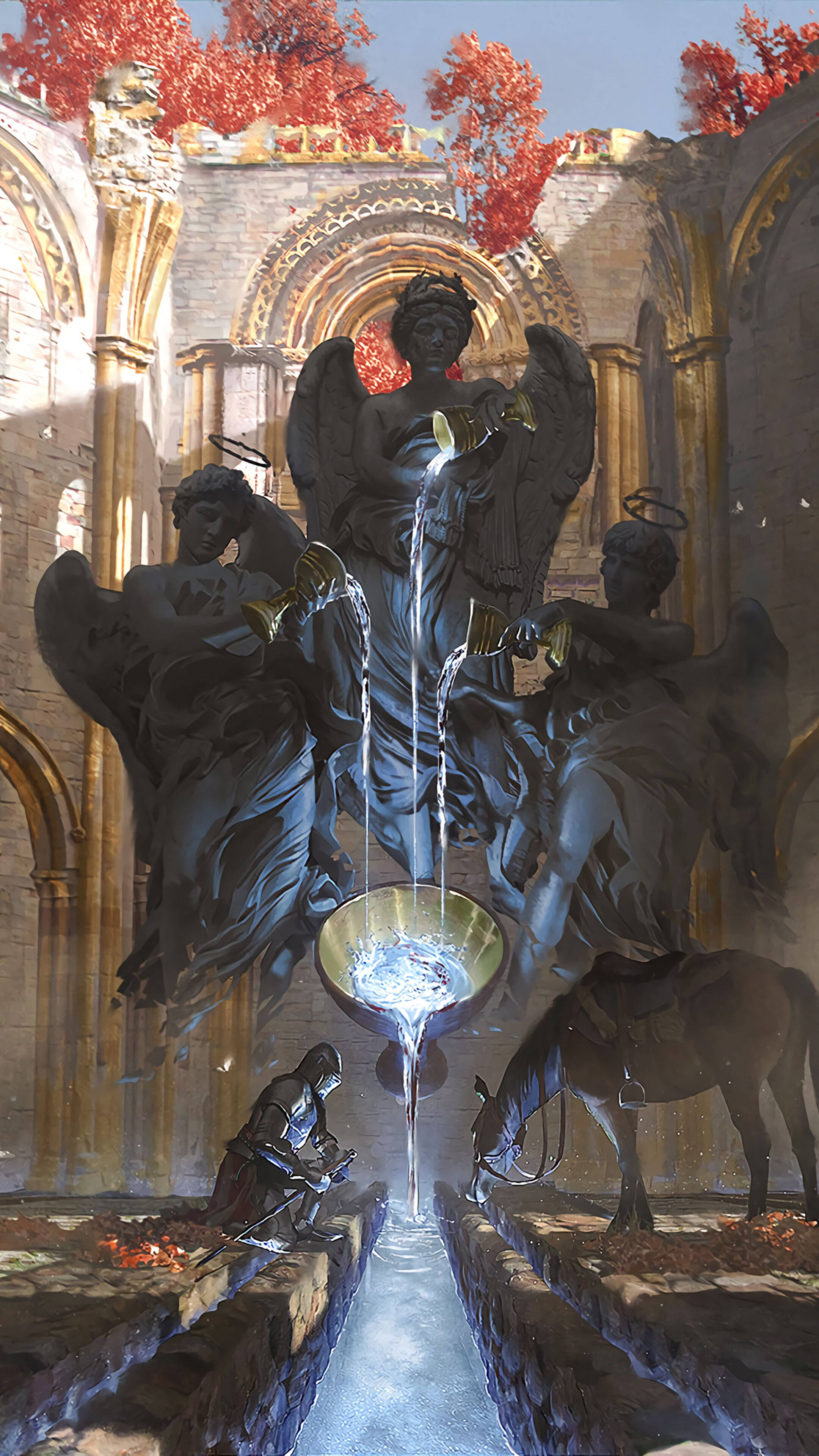 Dark Ages, medieval knights, angelic fountain, 4K Phone Wallpaper
