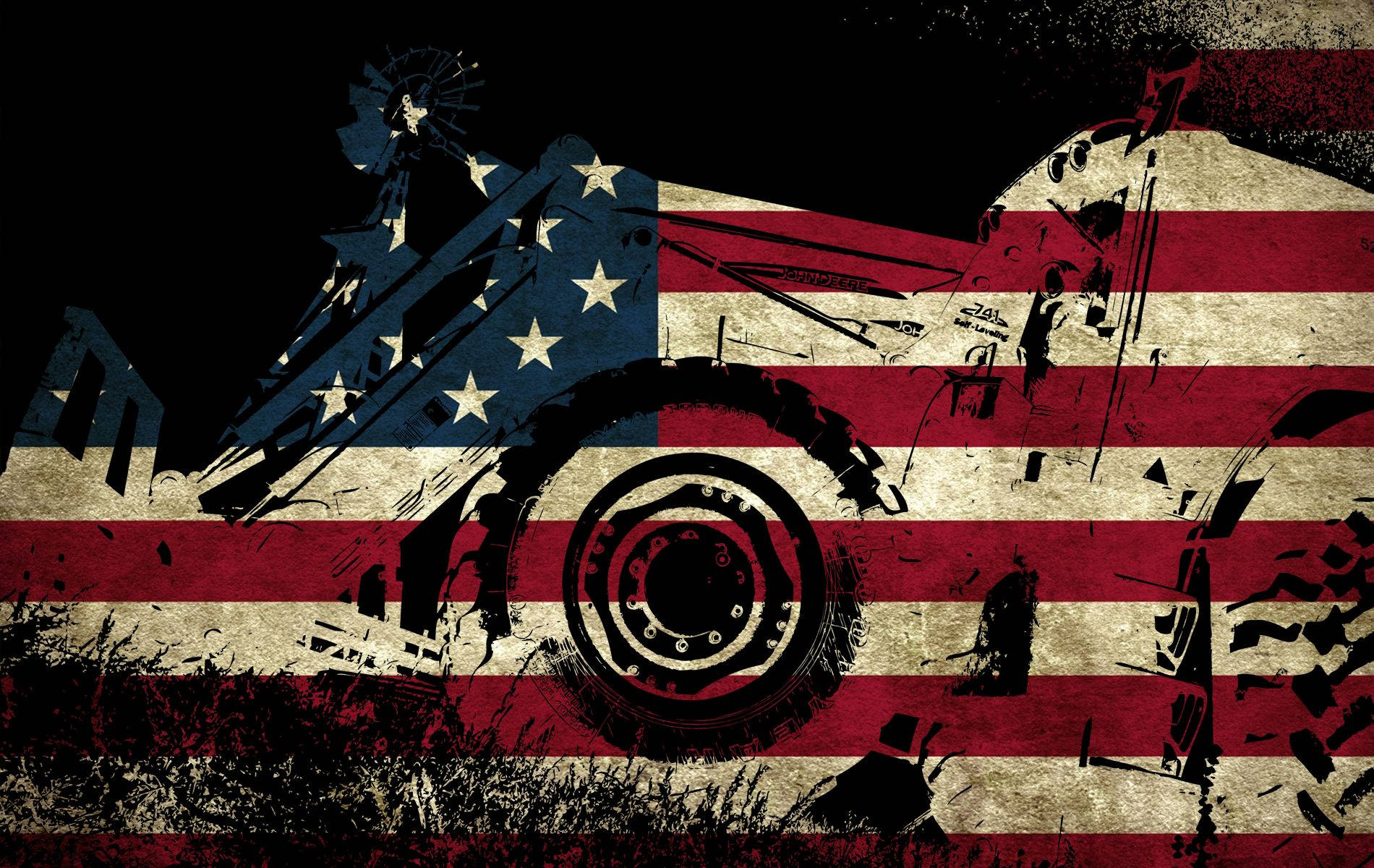 American Flag, tractor, grungy black lines, HD Desktop Wallpaper