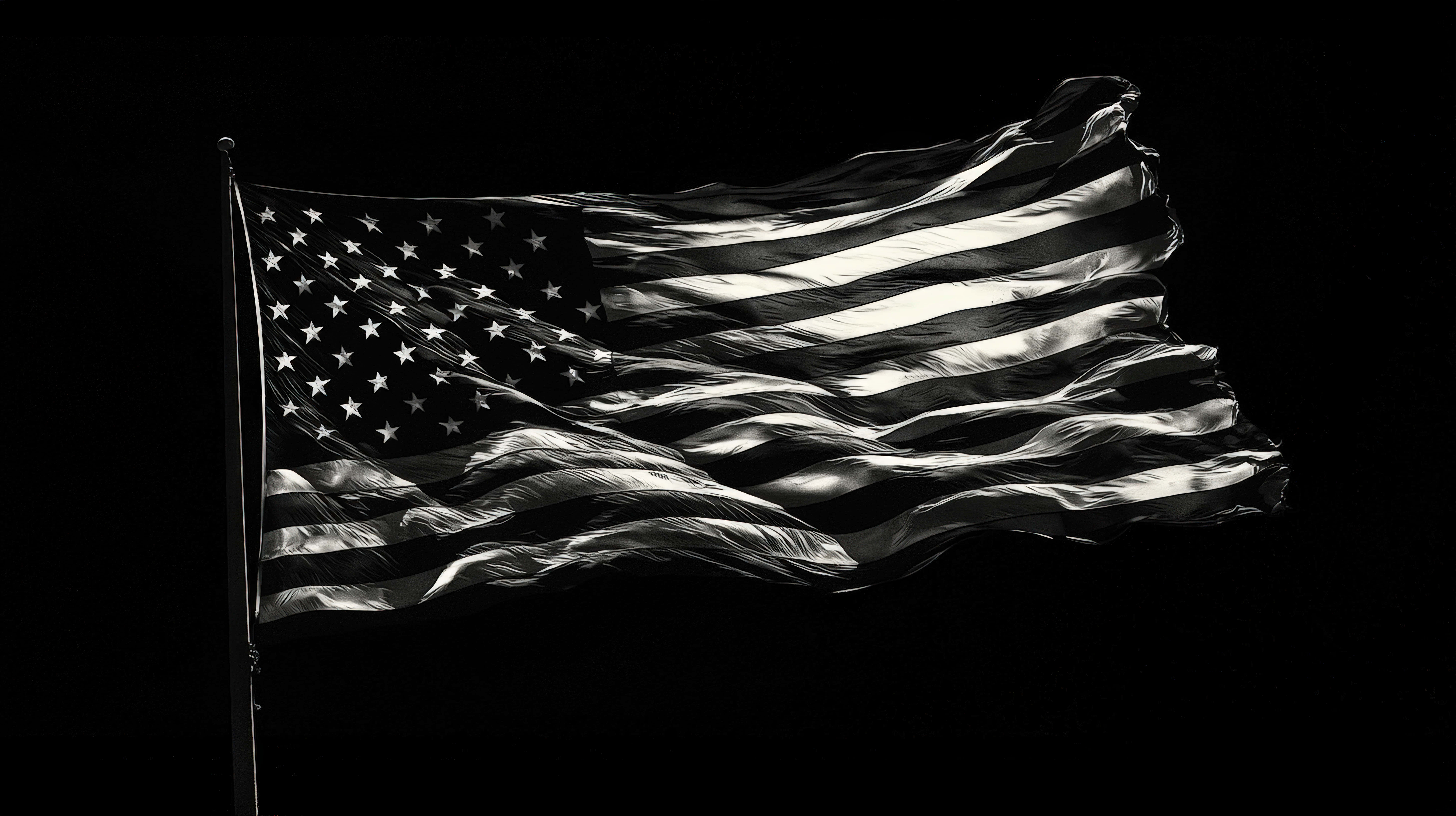 American flag, black and white, waving in the wind, 8K Desktop Wallpaper