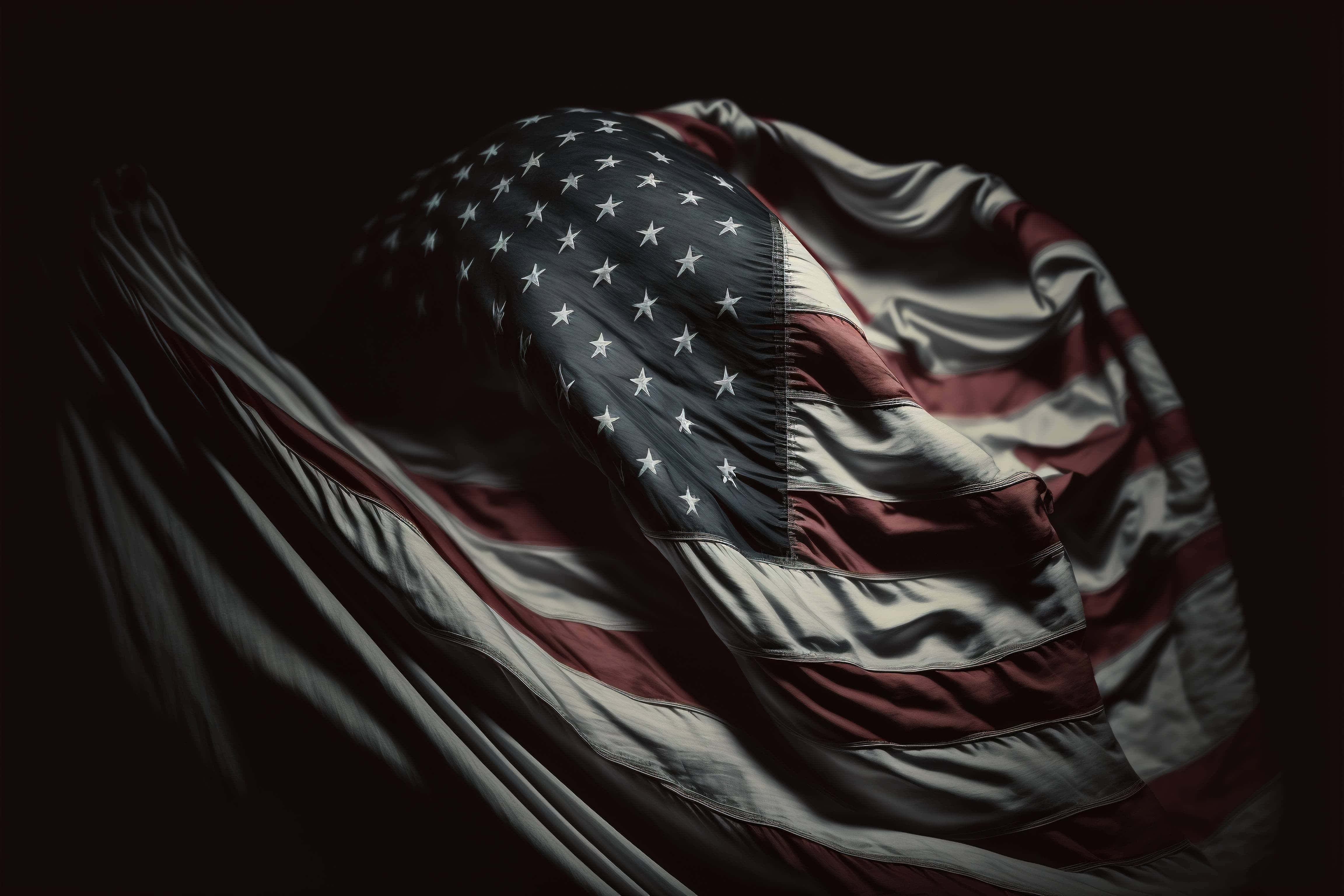 American flag, tattered, dramatic folds, 4K Desktop Wallpaper
