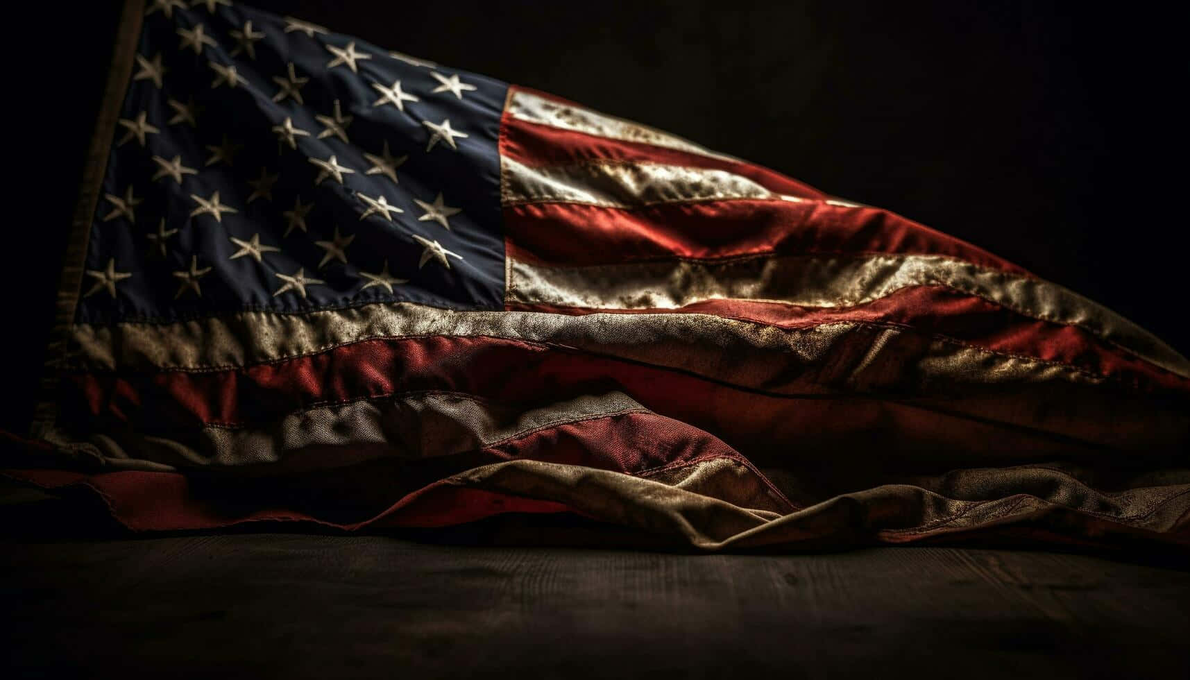American flag, faded red white and blue stars and stripes, dark wooden surface, HD Desktop Wallpaper