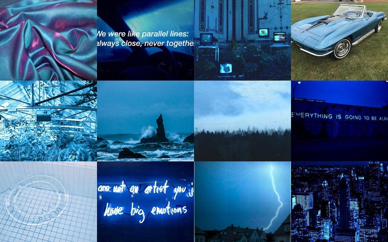 blue-toned, collage of nine distinct scenes, fabric texture, HD Desktop Wallpaper