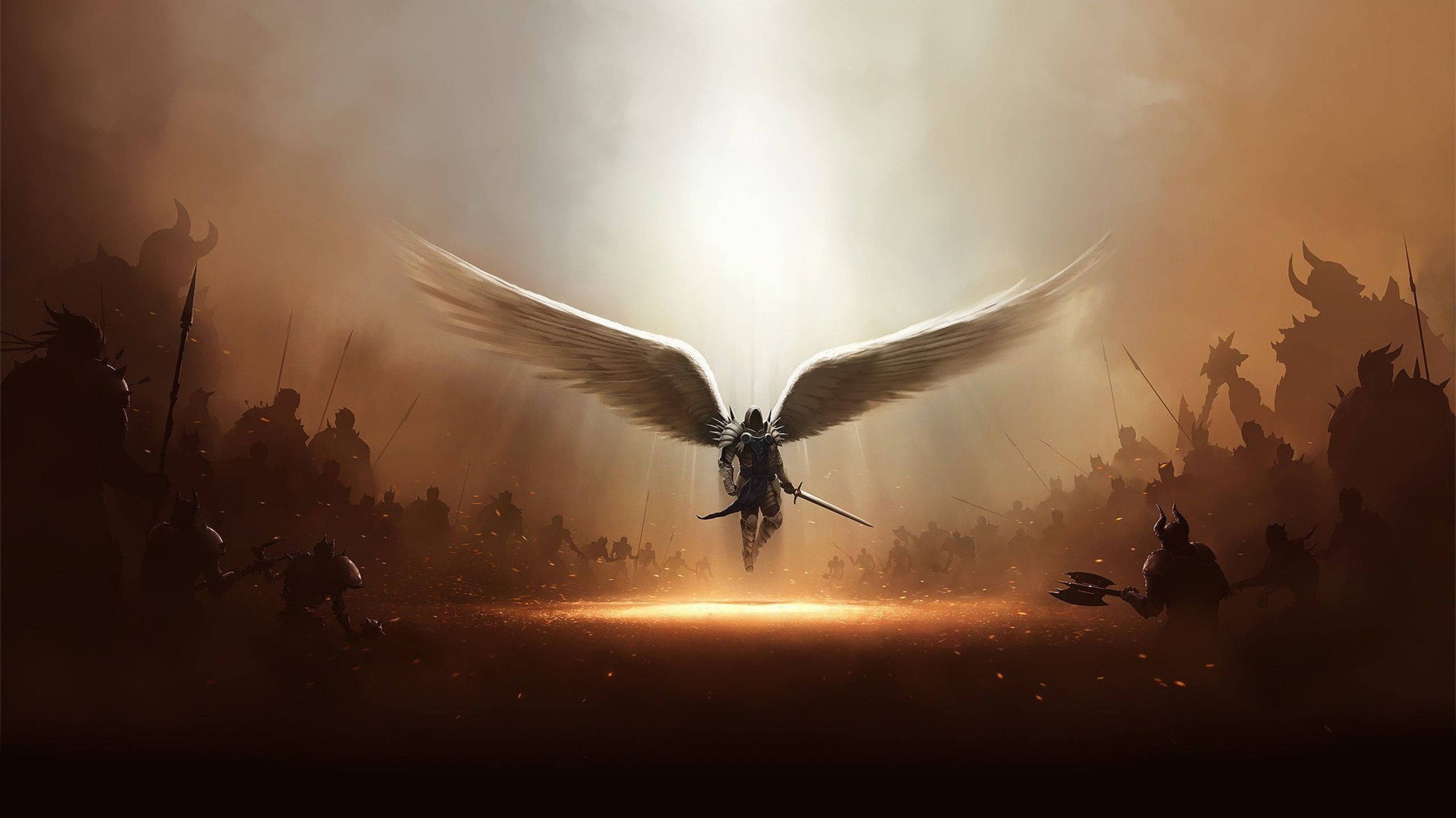 Dark Angel, glowing sword, golden light, 2K Desktop Wallpaper