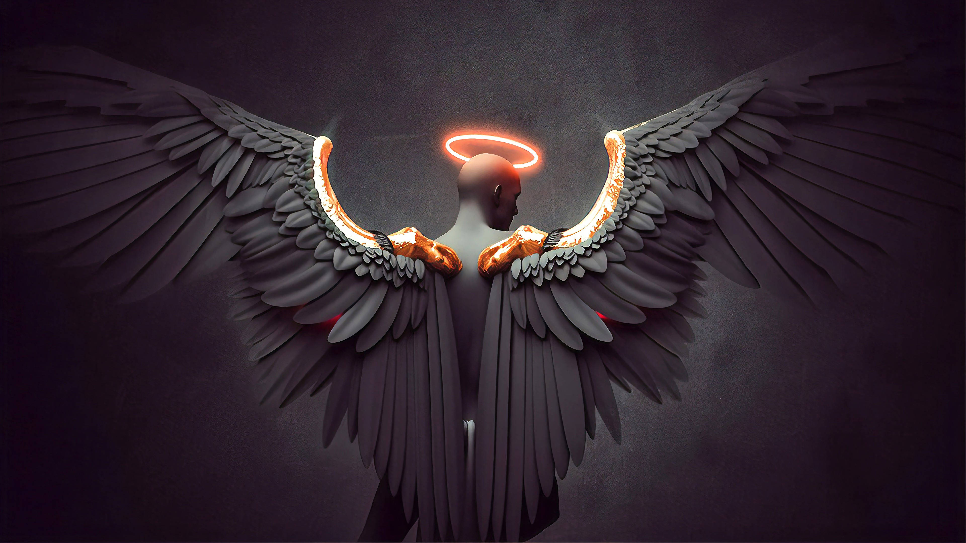 Dark Angel, massive dark wings, glowing golden halo, 4K Desktop Wallpaper