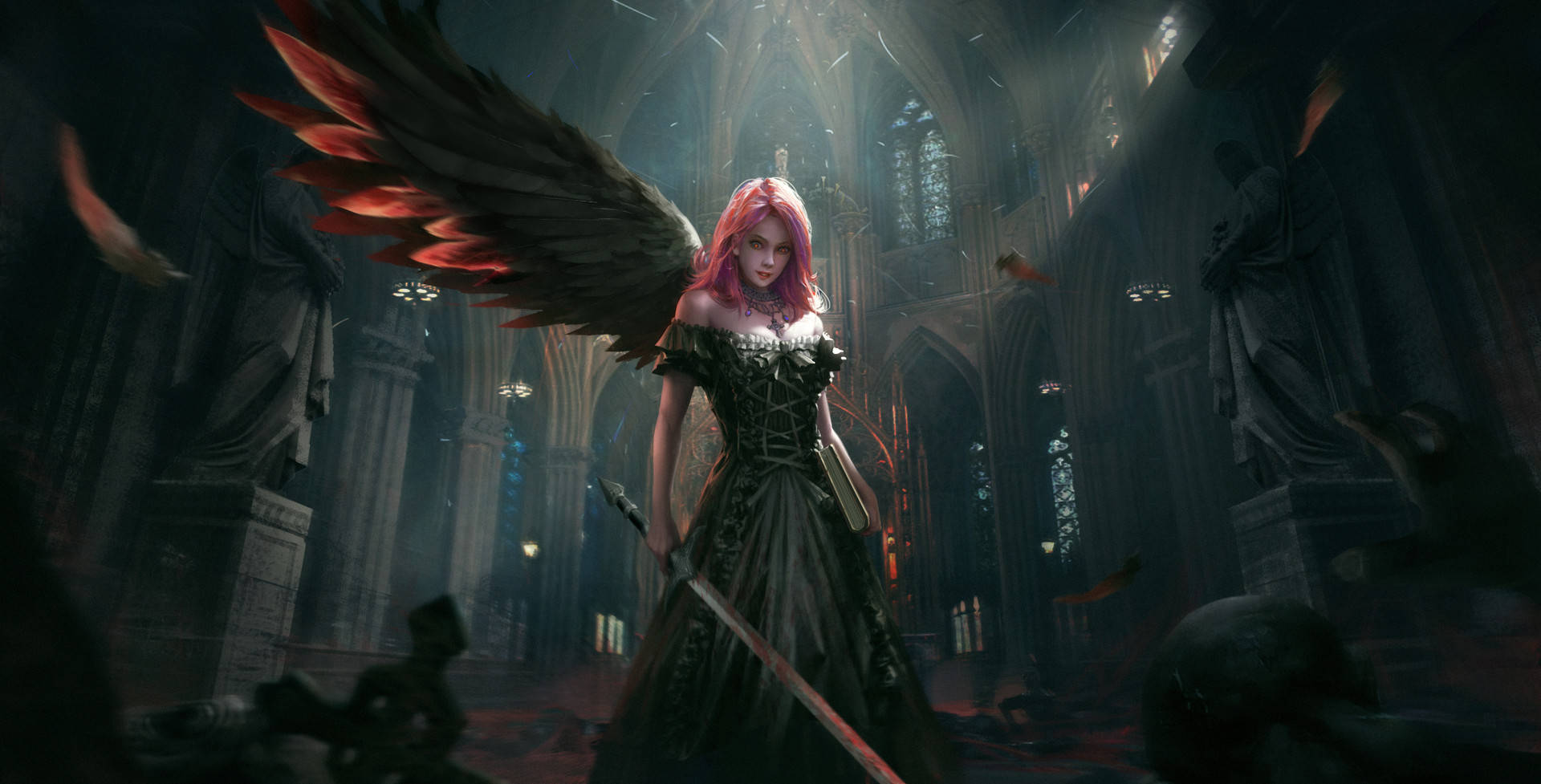 Dark Angel, crimson-haired angel, dark wings, Full HD Desktop Wallpaper