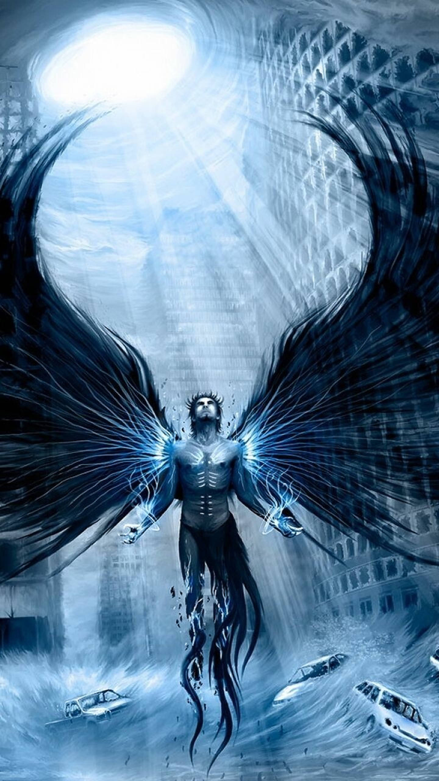 Dark Angel, glowing angel, dark wings, 2K Phone Wallpaper