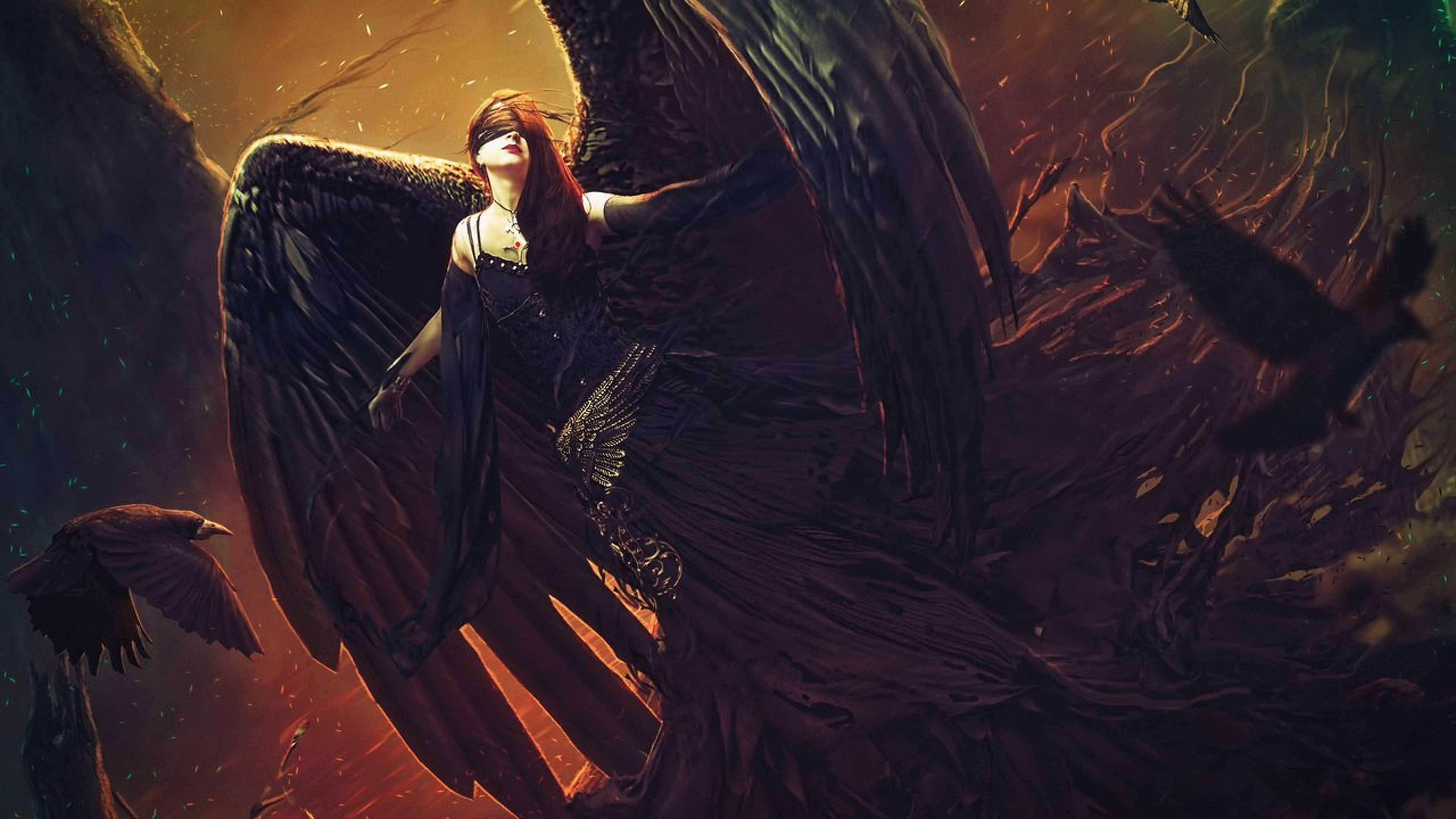 Dark Angel, crow, red hair, 5K Desktop Wallpaper