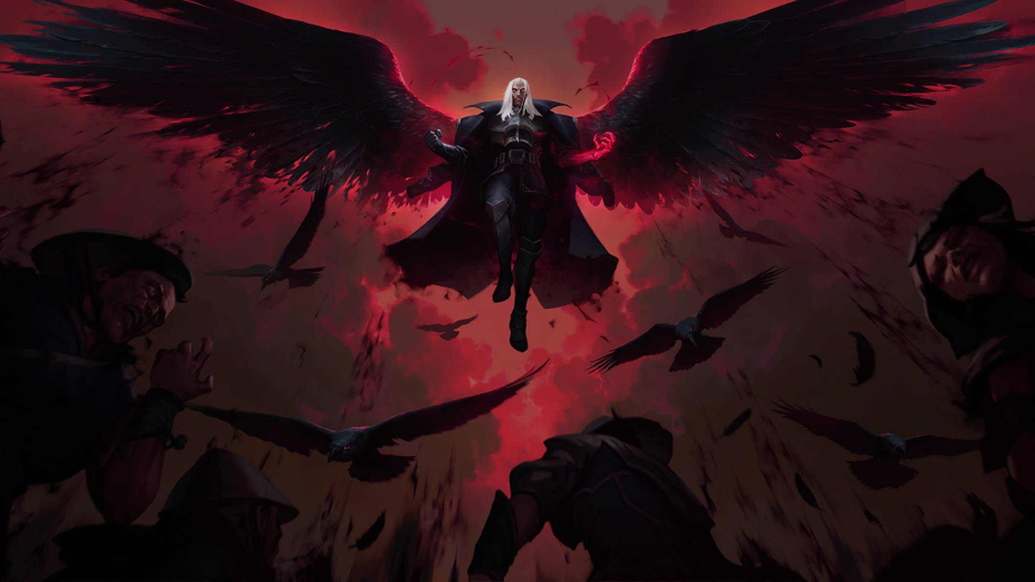 Red Dark Angel, dark-winged angel, white hair, Full HD Desktop Wallpaper