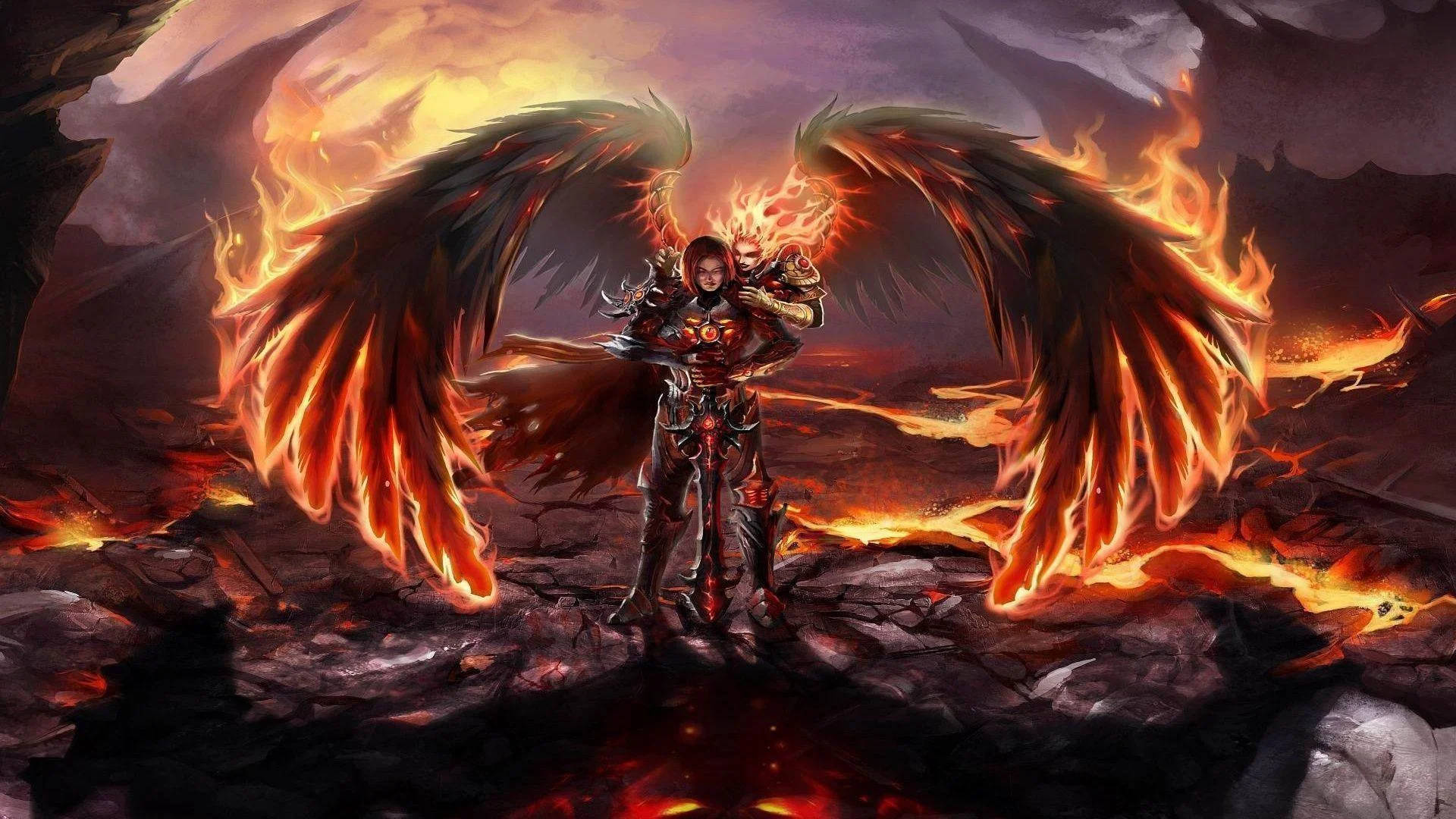 Dark Angel, fiery-winged warrior, red armor, Full HD Desktop Wallpaper