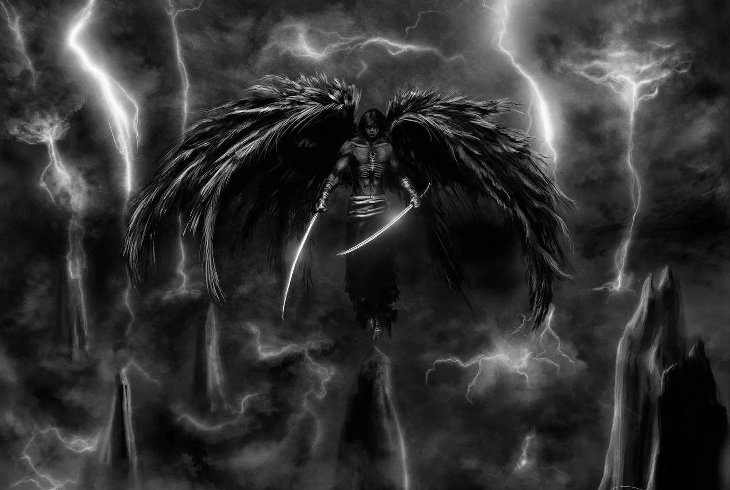 Dark Angel Thunder, dark-winged angel warrior, glowing swords, Full HD Desktop Wallpaper